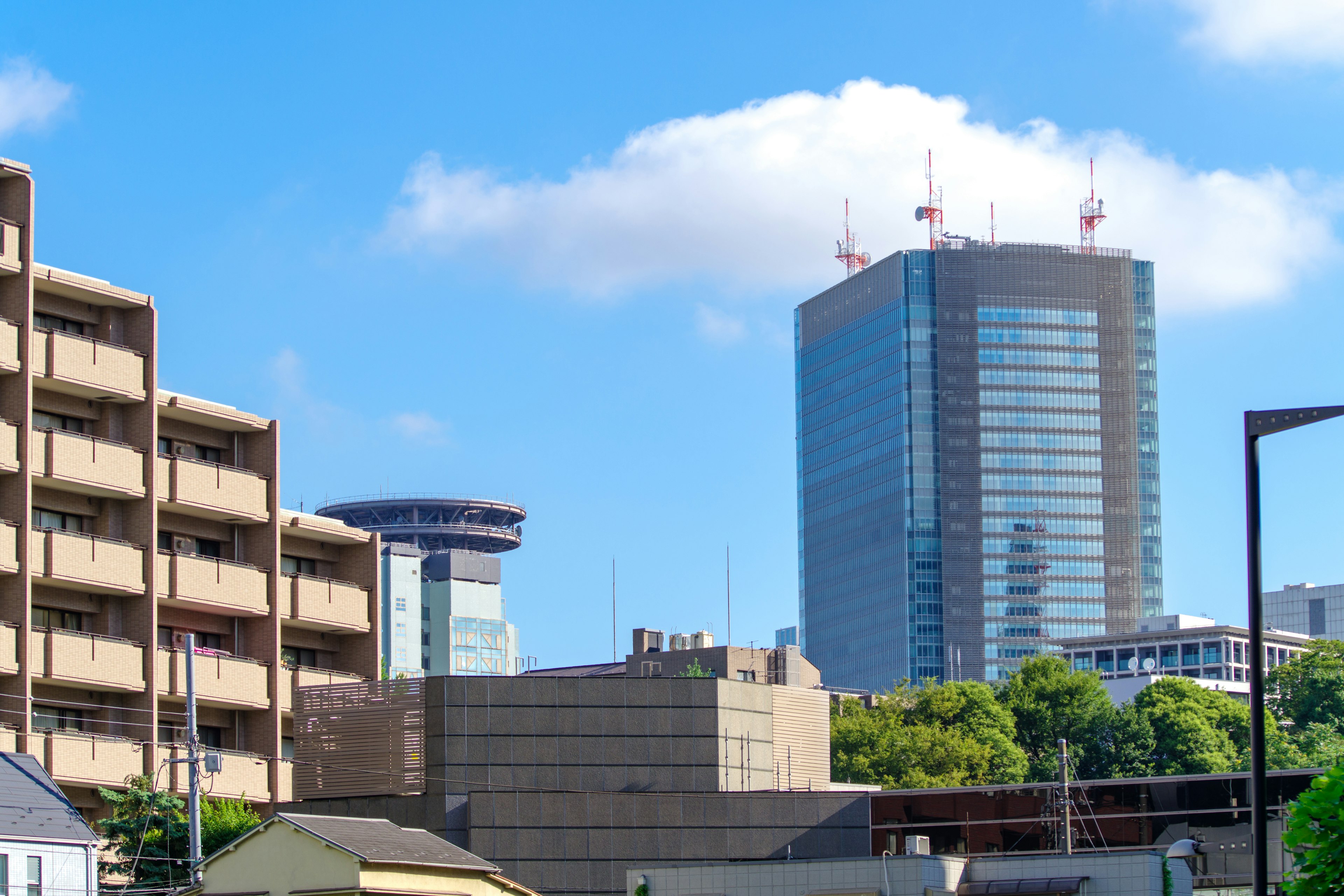 蓝天之下的城市景观，有高楼和低层建筑