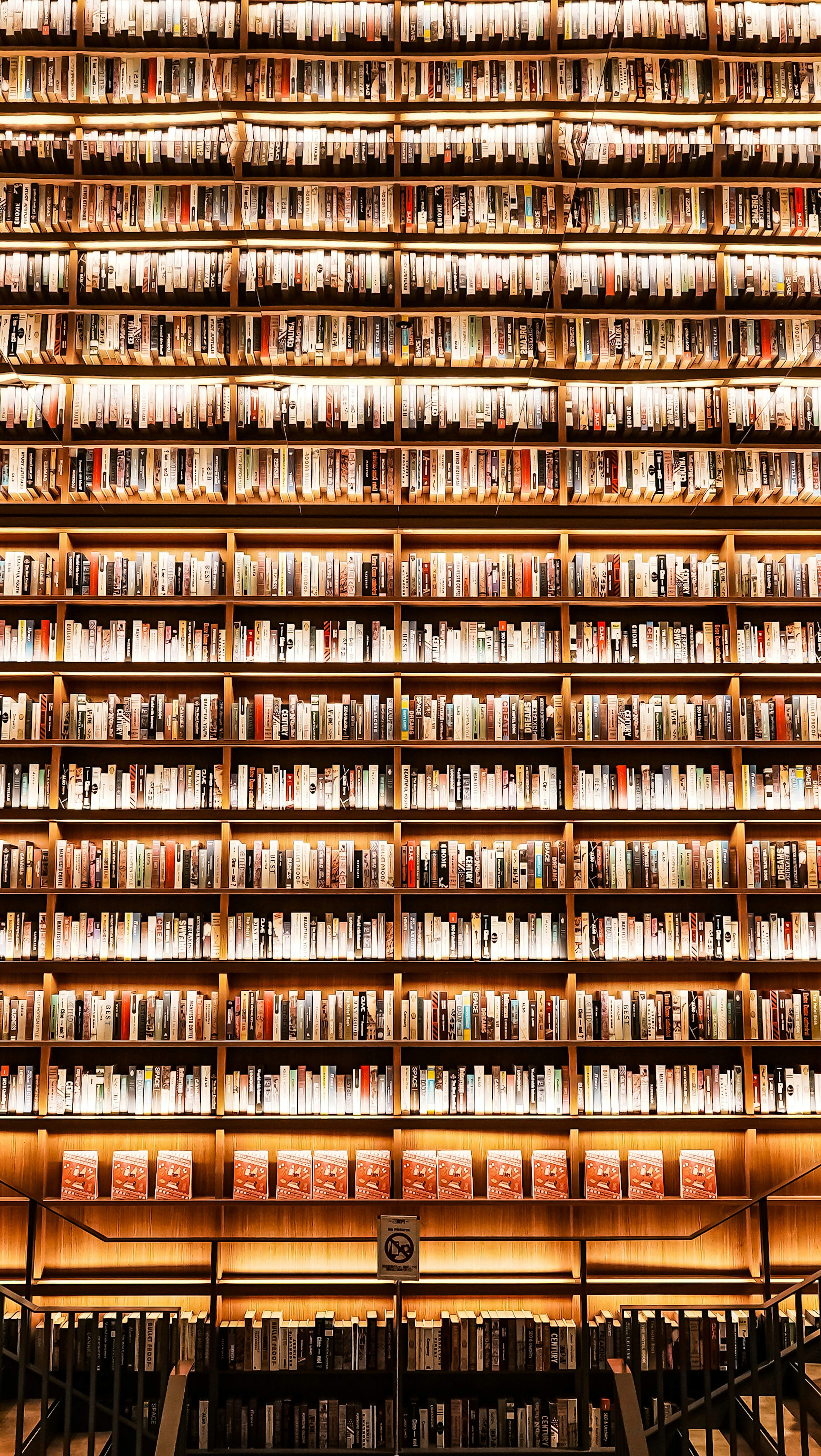 Interno di una biblioteca con una grande libreria piena di libri ordinati