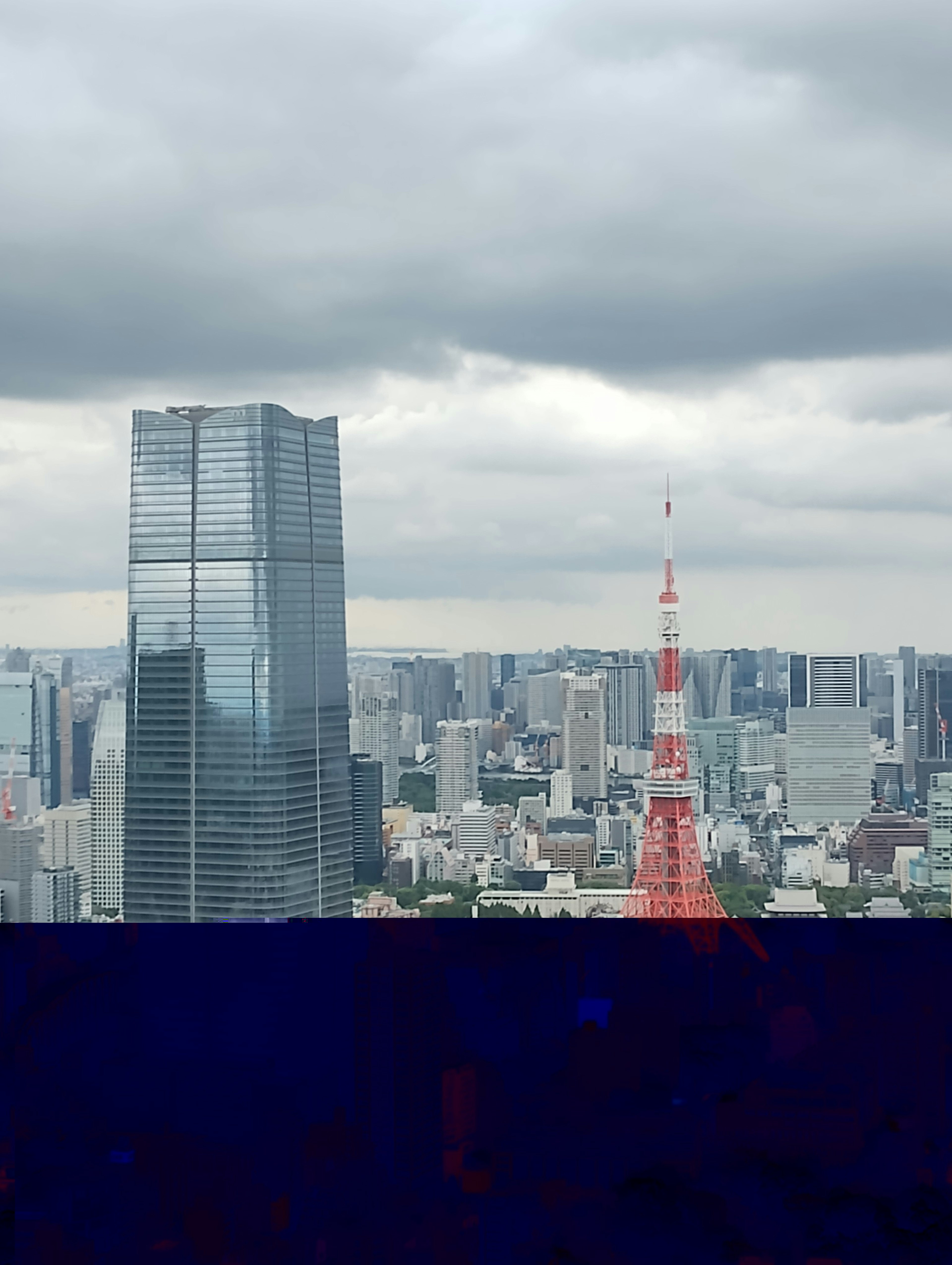 Panorama urbano di Tokyo con la torre rossa di Tokyo e grattacieli moderni