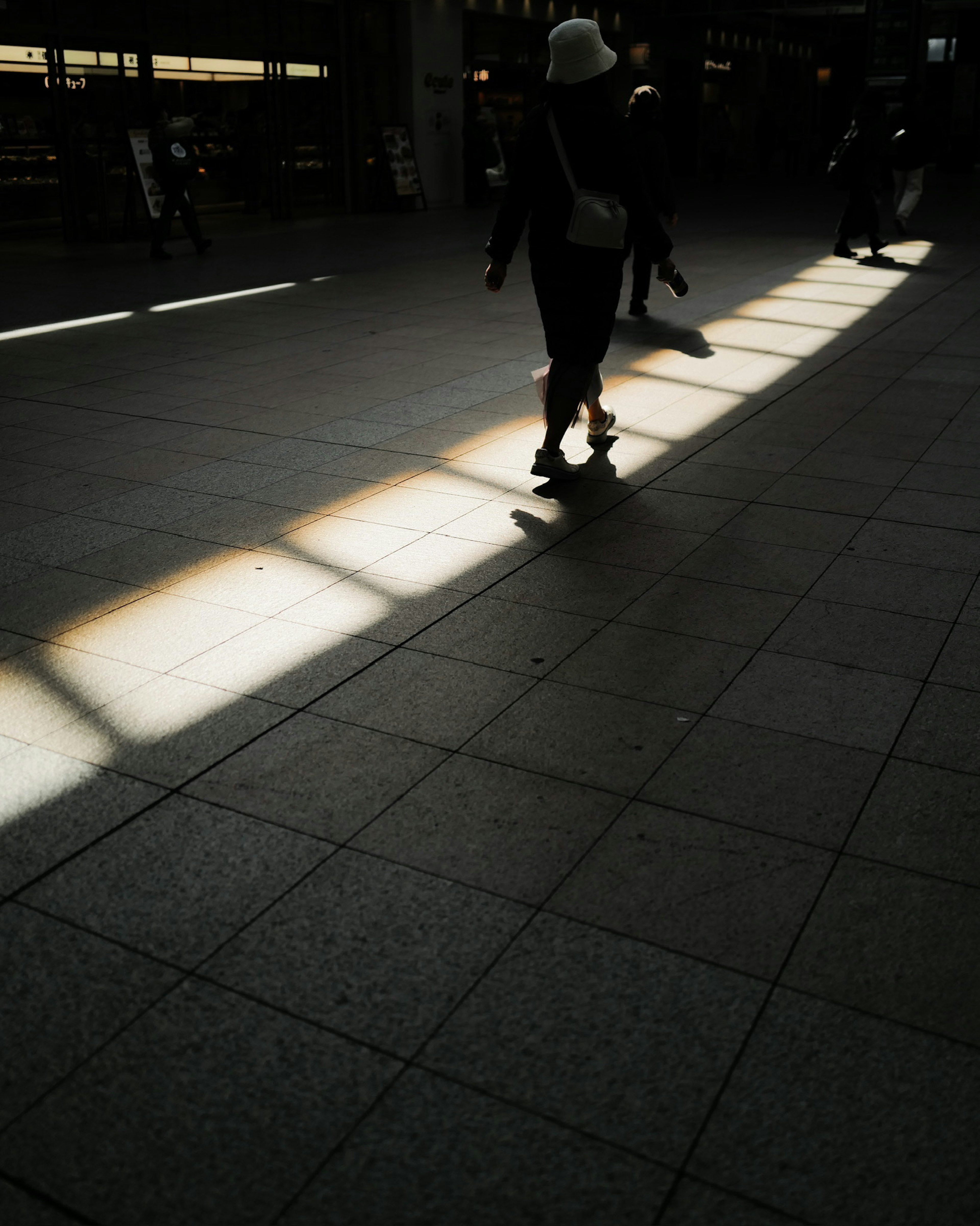 Silhouette of a person walking through a sunlit area in a train station