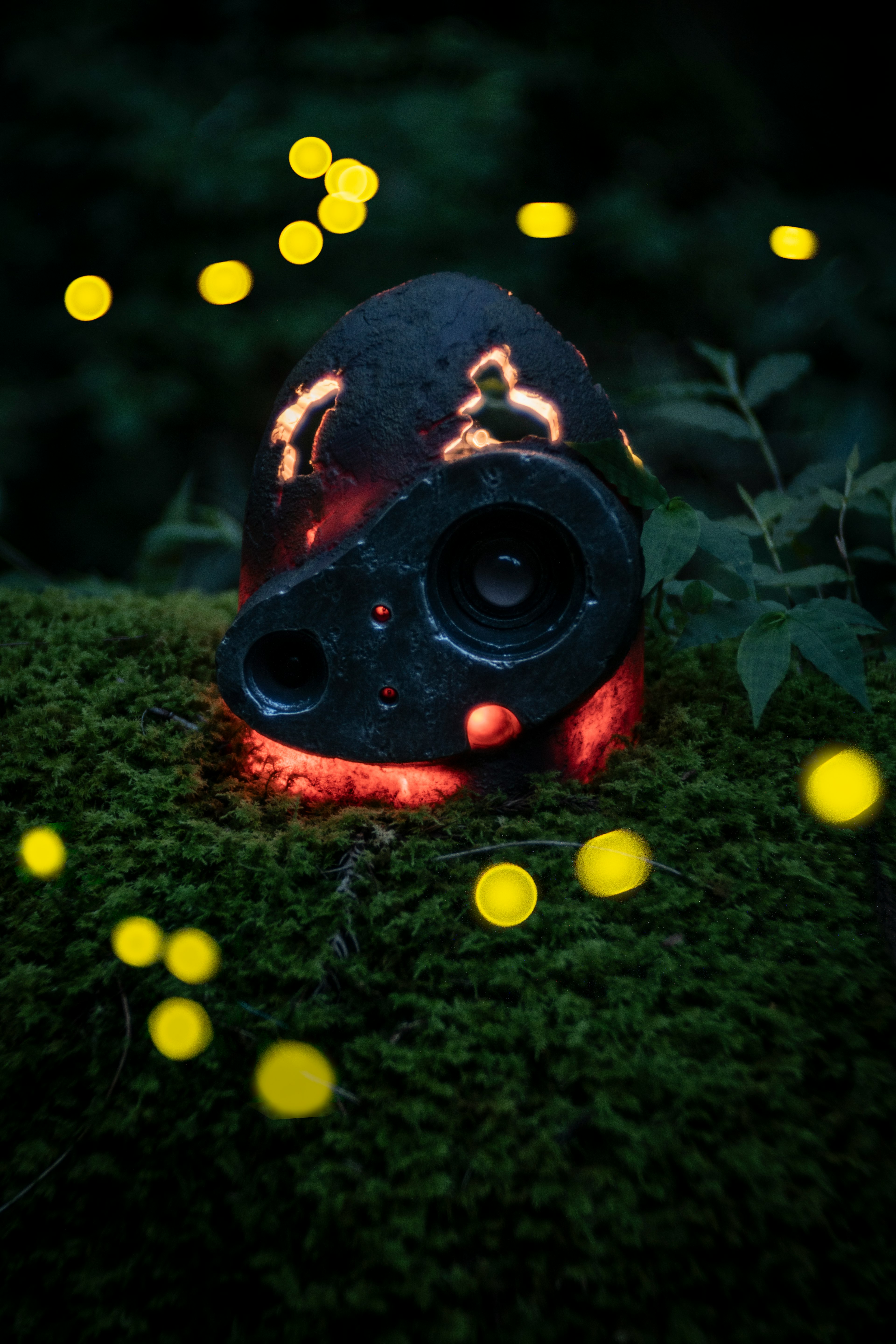 A black object with speakers surrounded by glowing fireflies in a forest