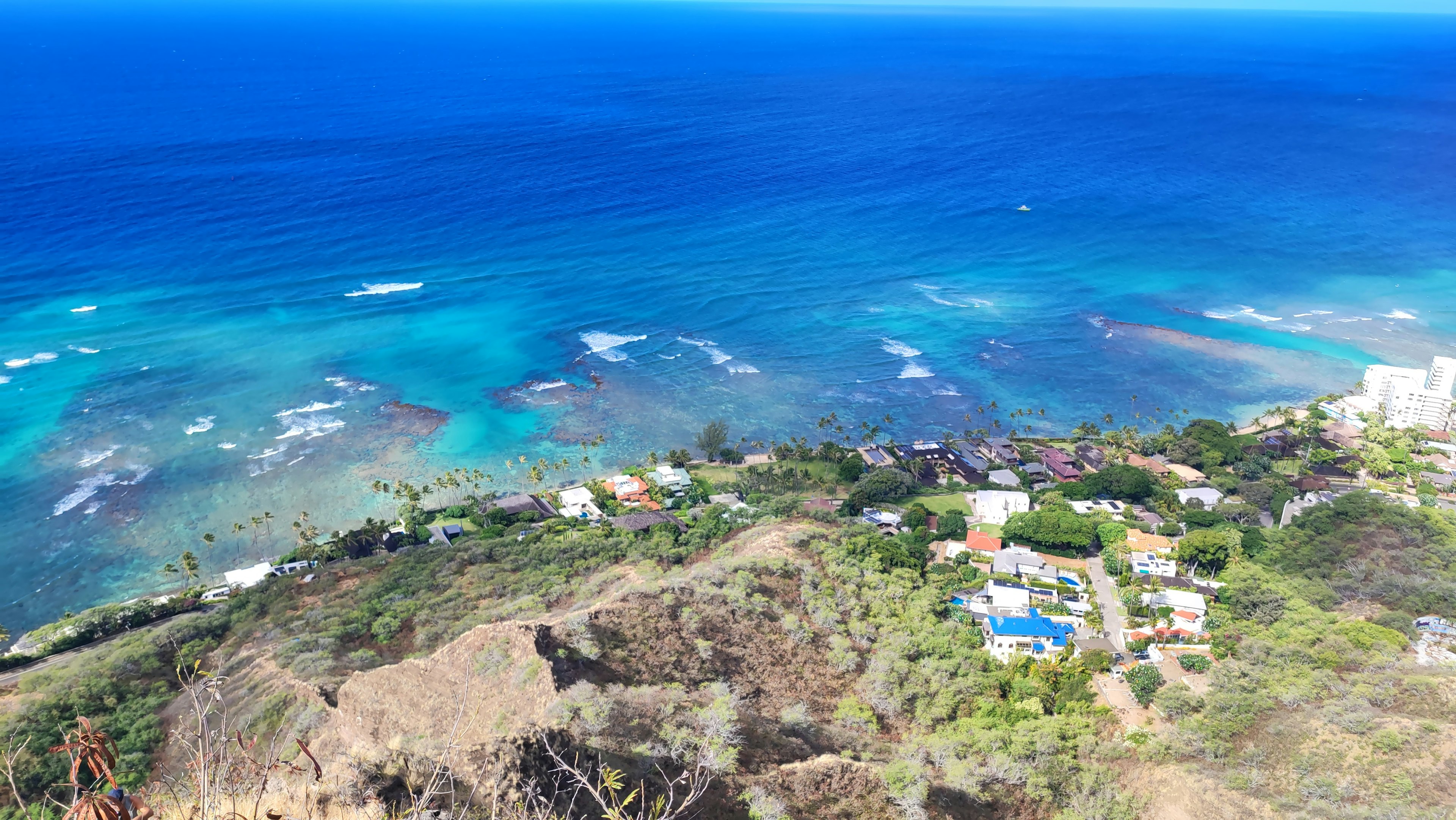 Aerial view of blue ocean and green hills showing homes and a pool