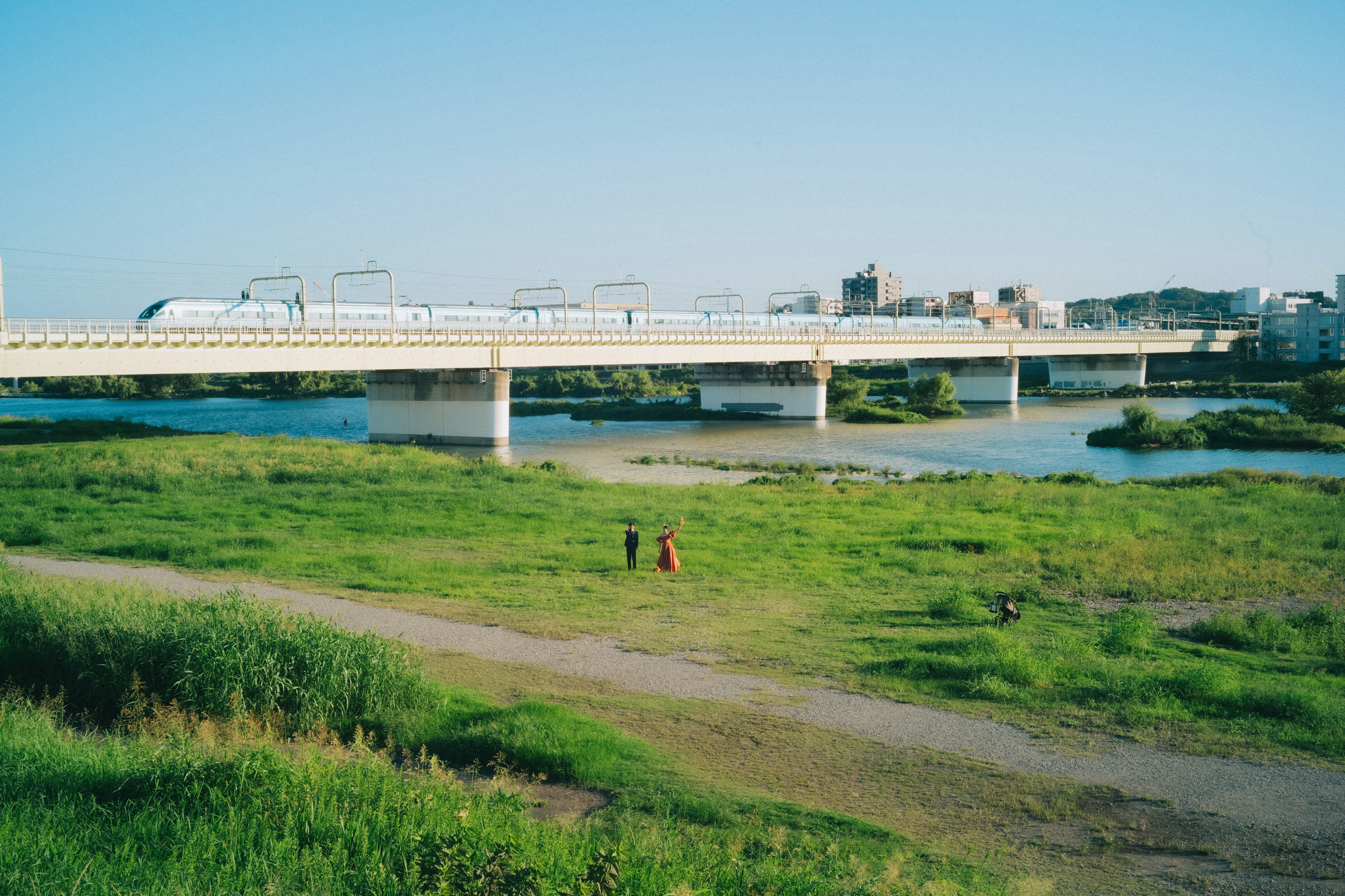 Zug überquert eine Brücke über einen Fluss mit grünem Gras in der Nähe