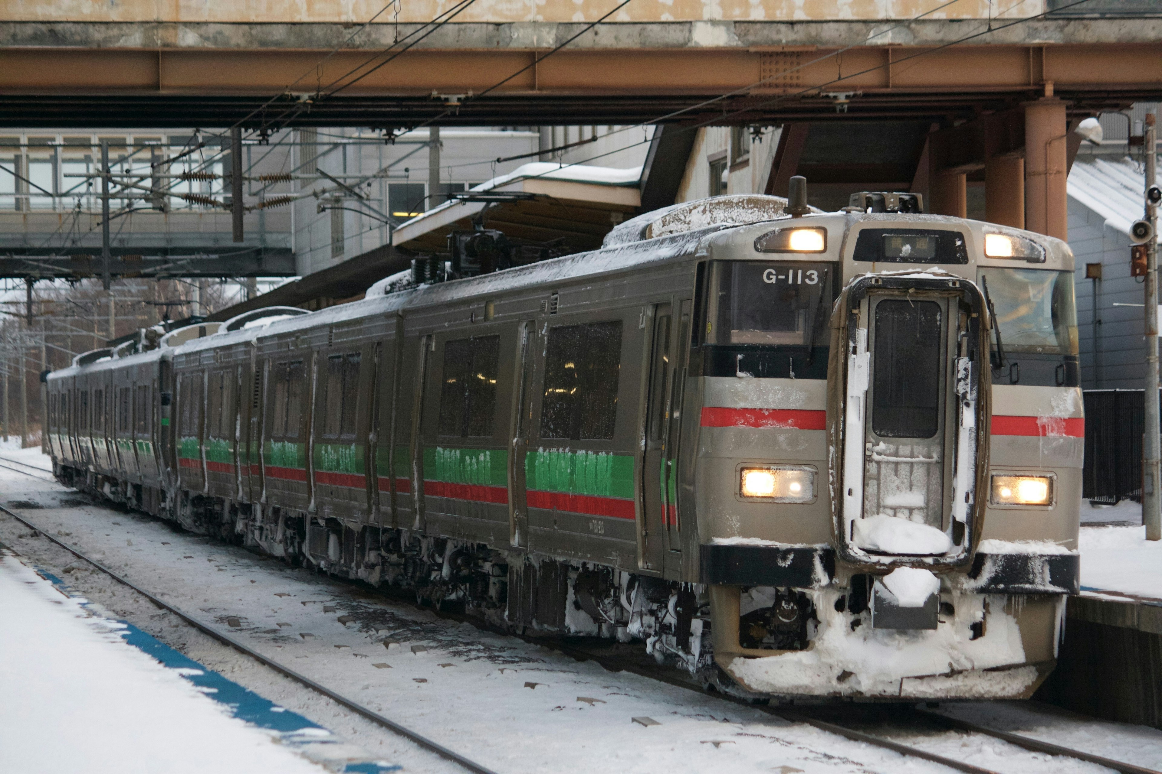 雪に覆われた駅に停車中の列車 緑と赤のストライプが特徴