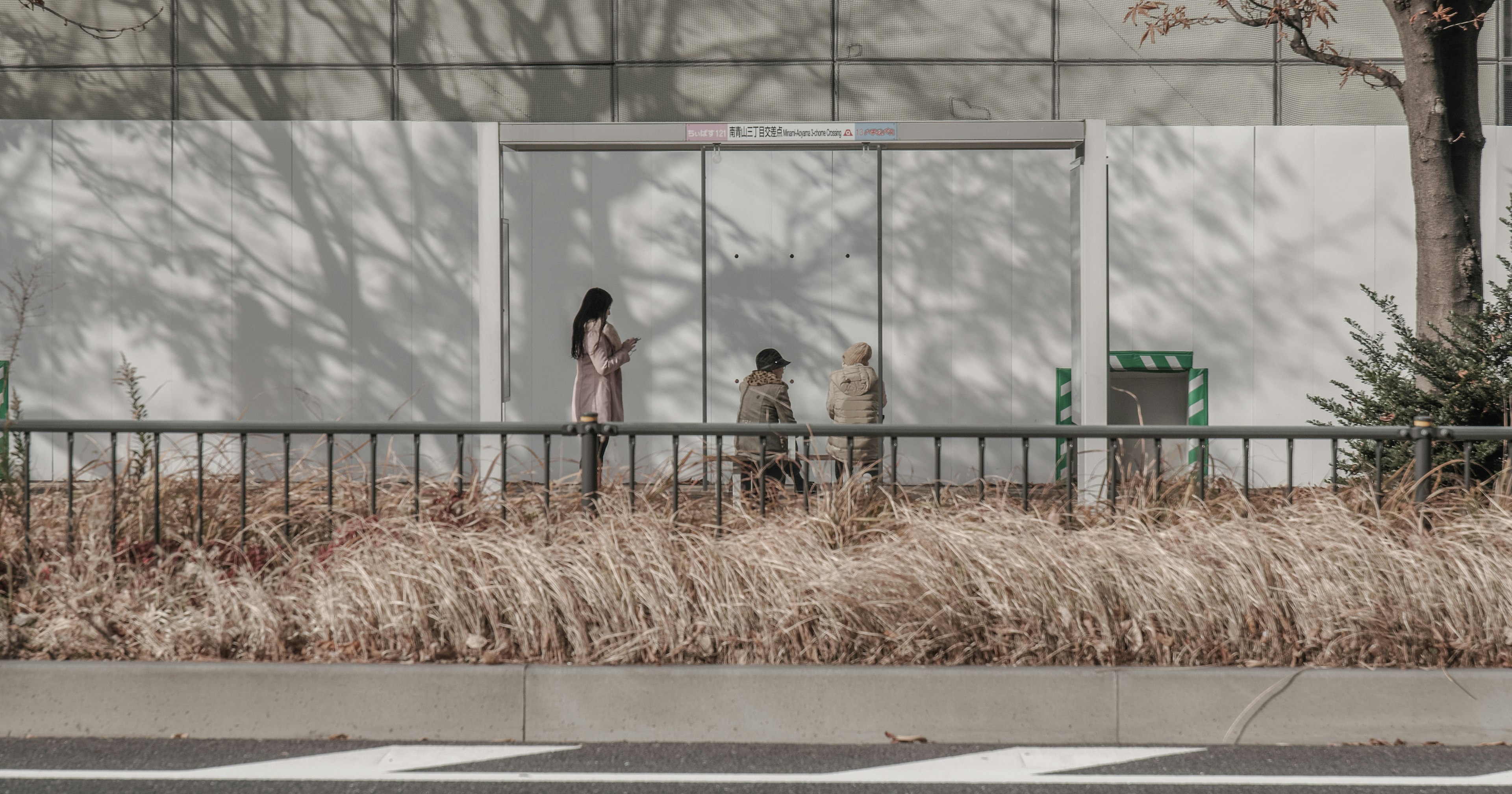 Silhouettes of a woman and children standing in front of a white wall with dry grass and a fence nearby