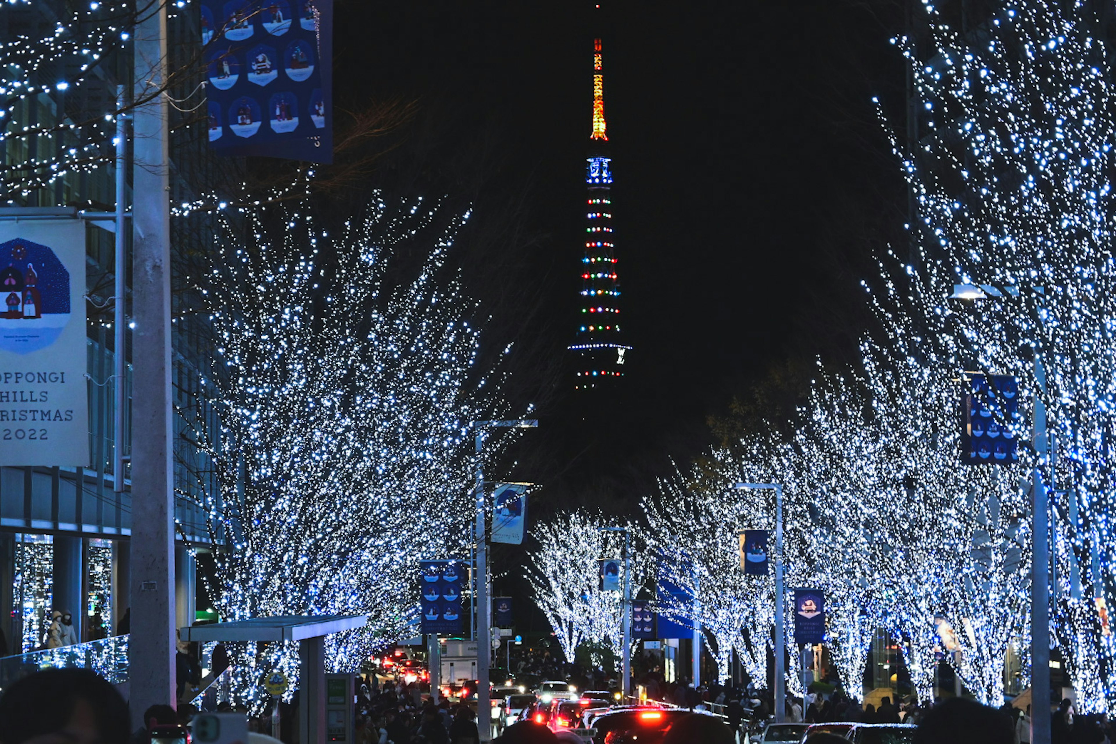 Tour de Tokyo illuminée la nuit avec des arbres décorés de lumières bordant la rue