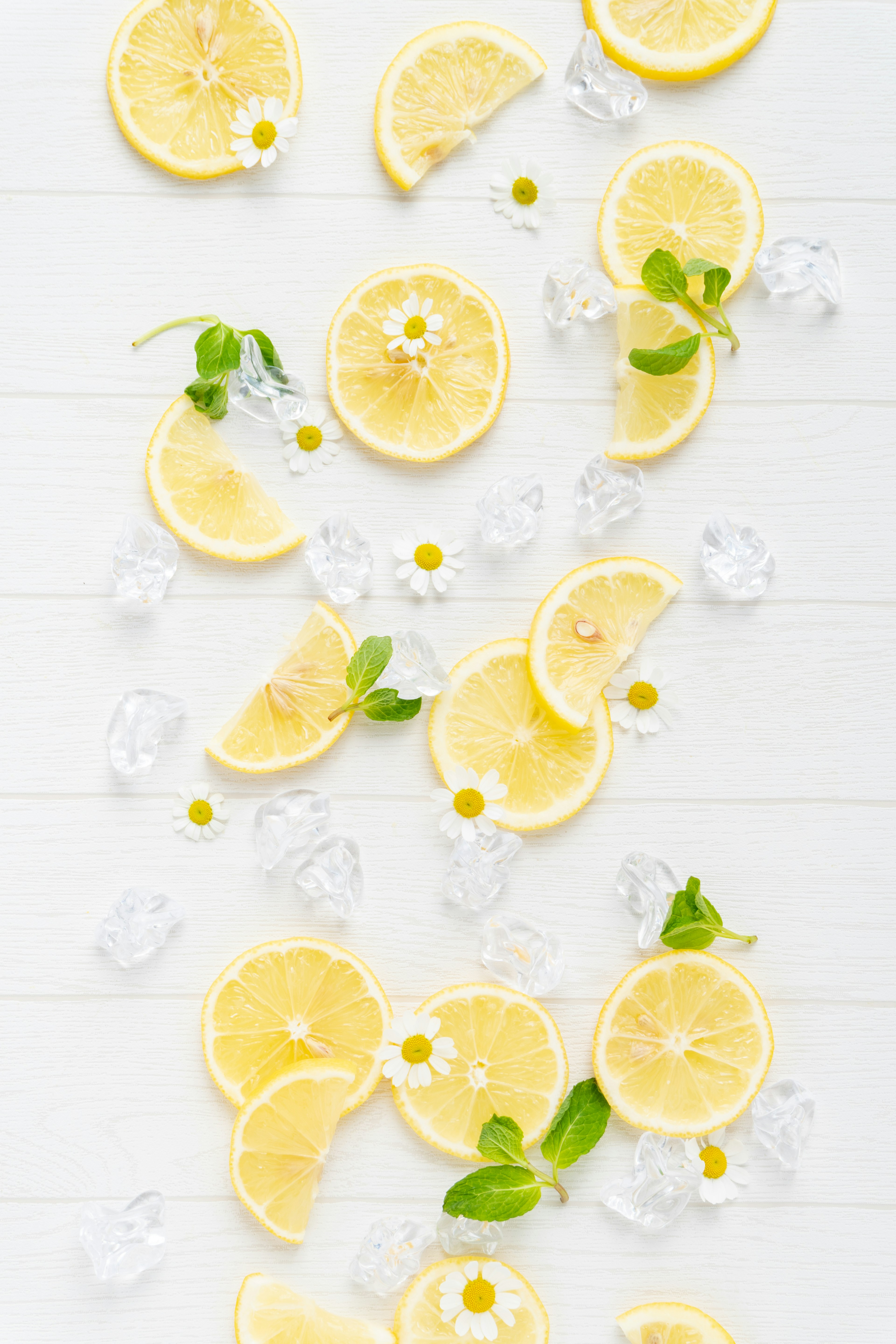 Beautiful arrangement of lemon slices and mint leaves scattered