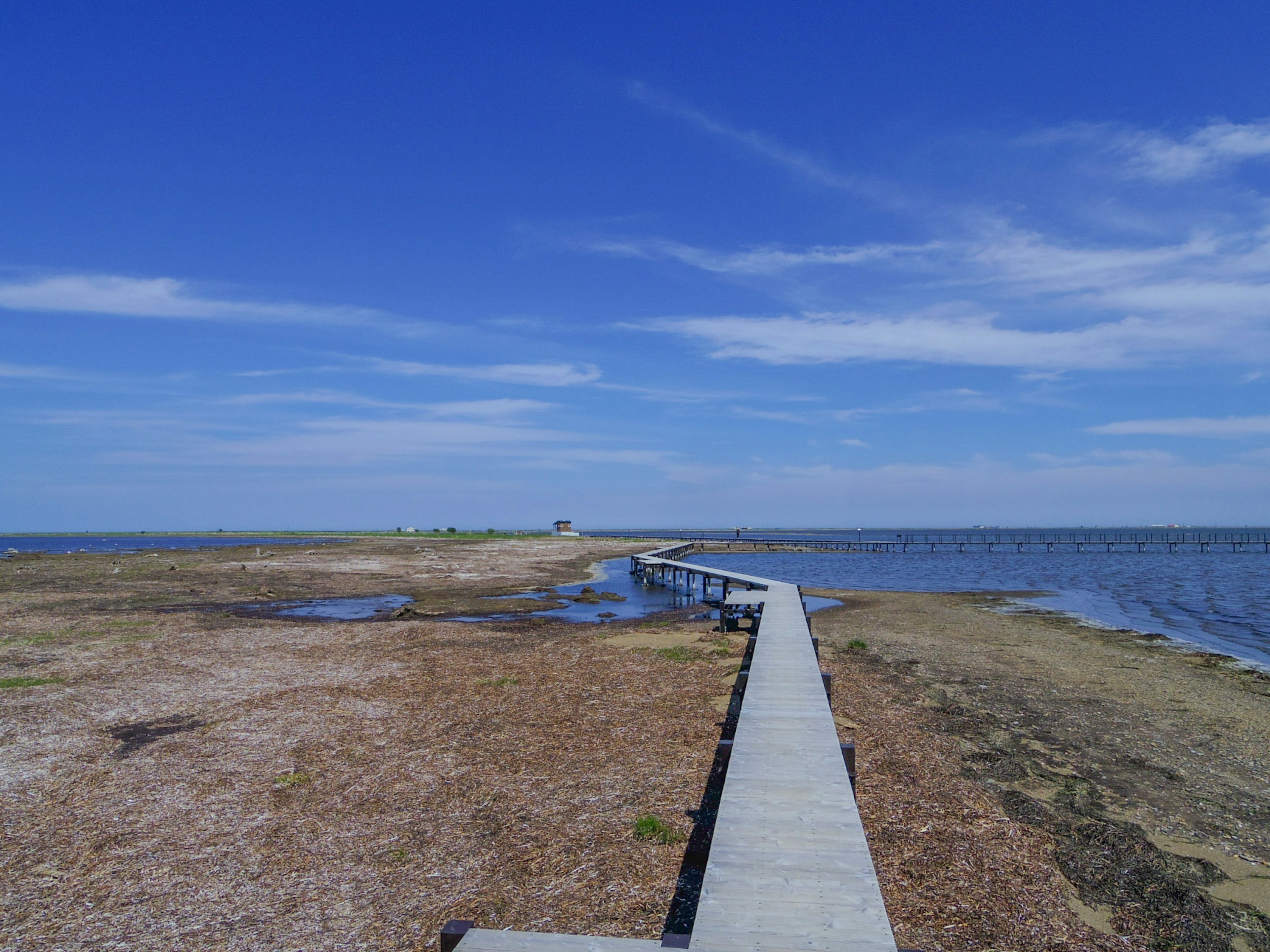 Vista escénica de un muelle de madera que se extiende hacia el mar azul bajo un cielo despejado