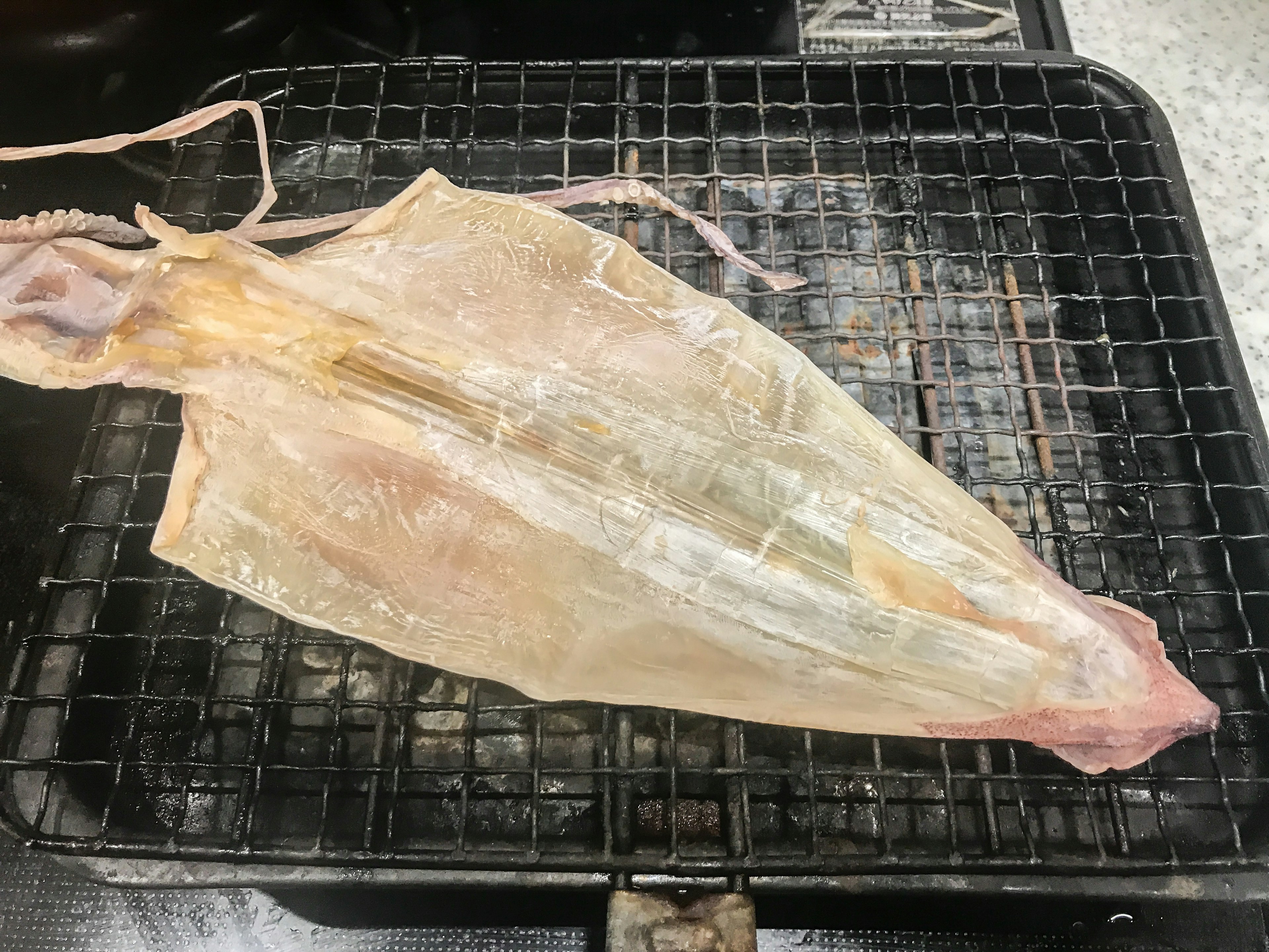 Dried squid placed on a grill