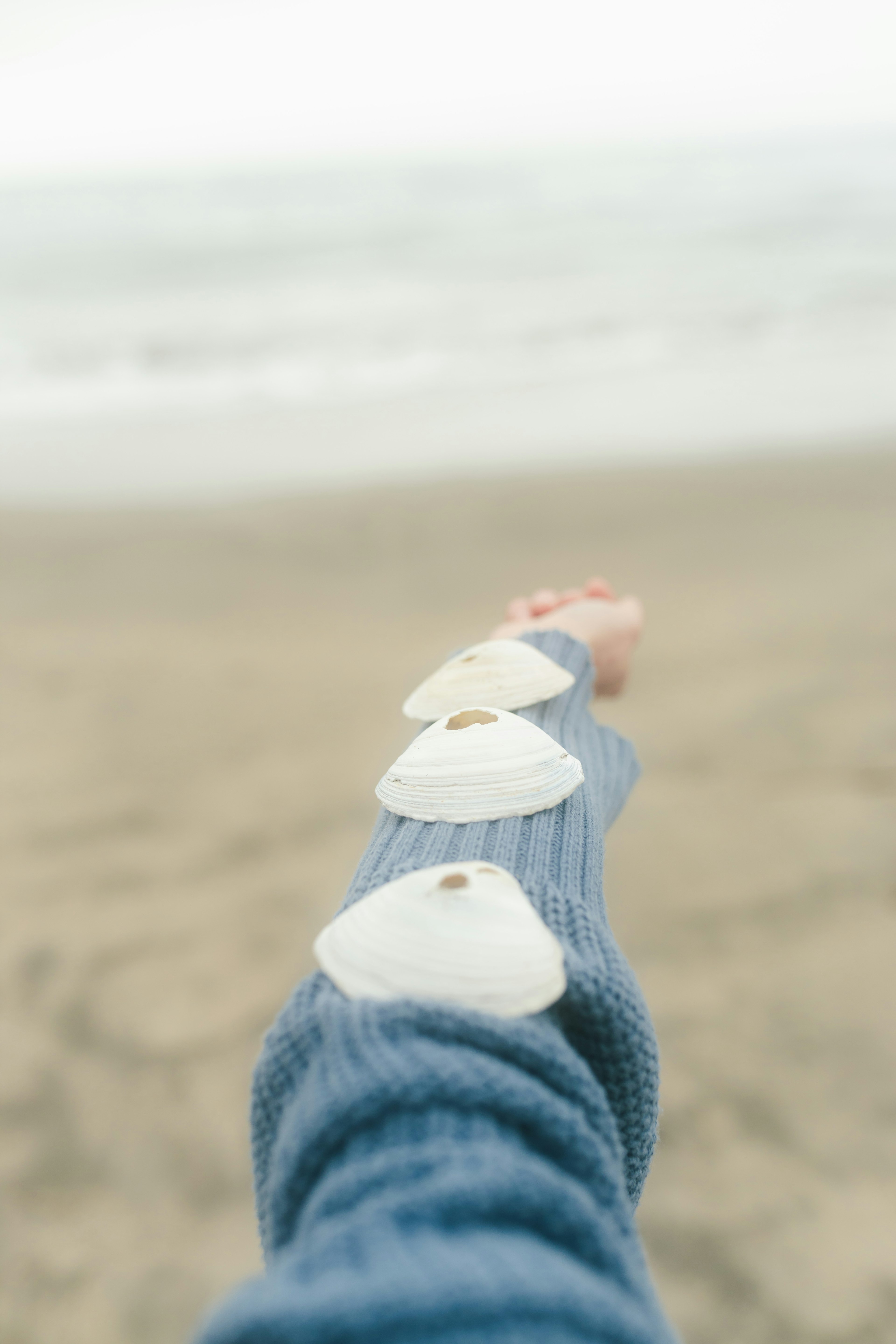 Primo piano di una mano in un maglione blu con conchiglie sul braccio vicino alla spiaggia