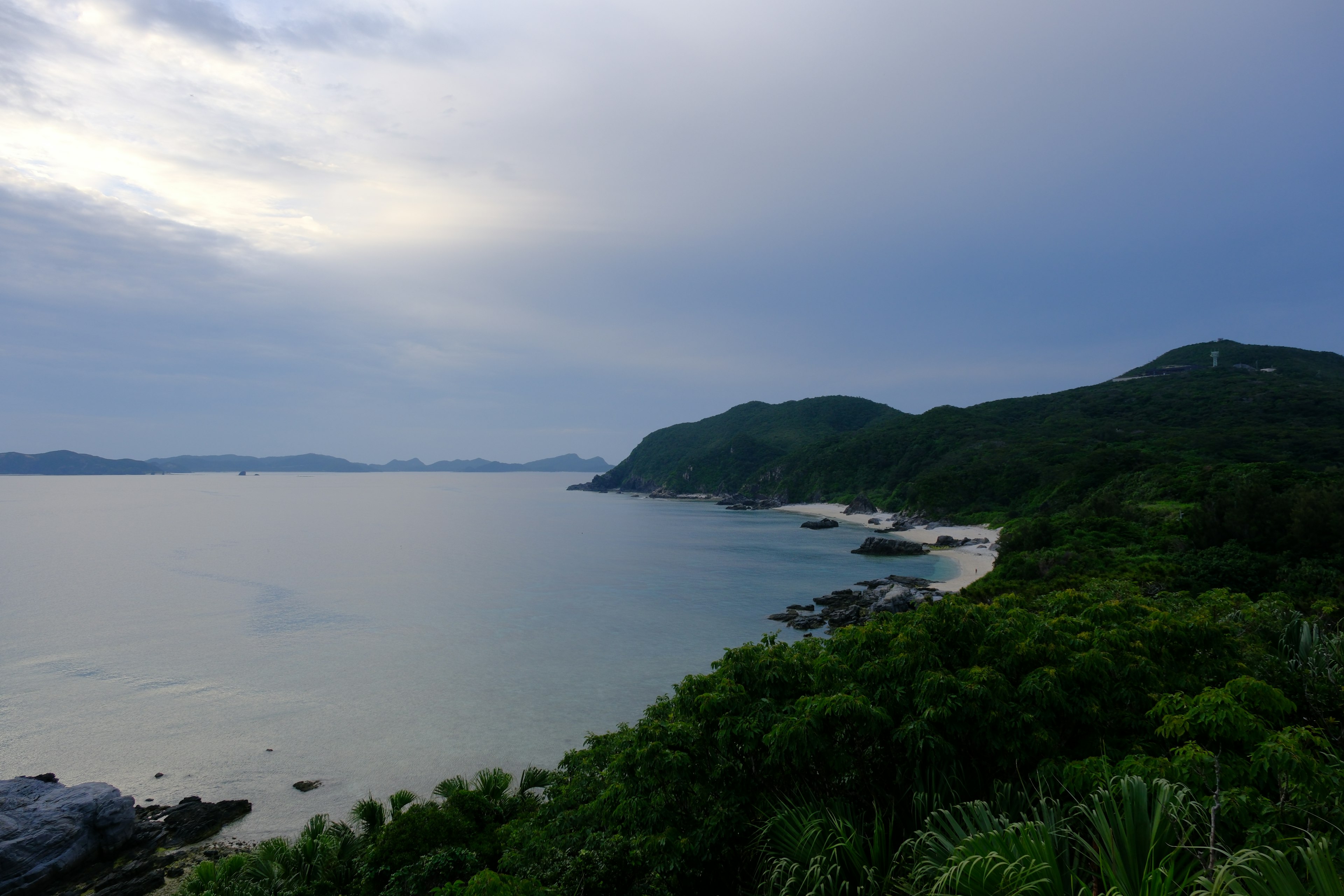 青い海と緑の丘が広がる風景