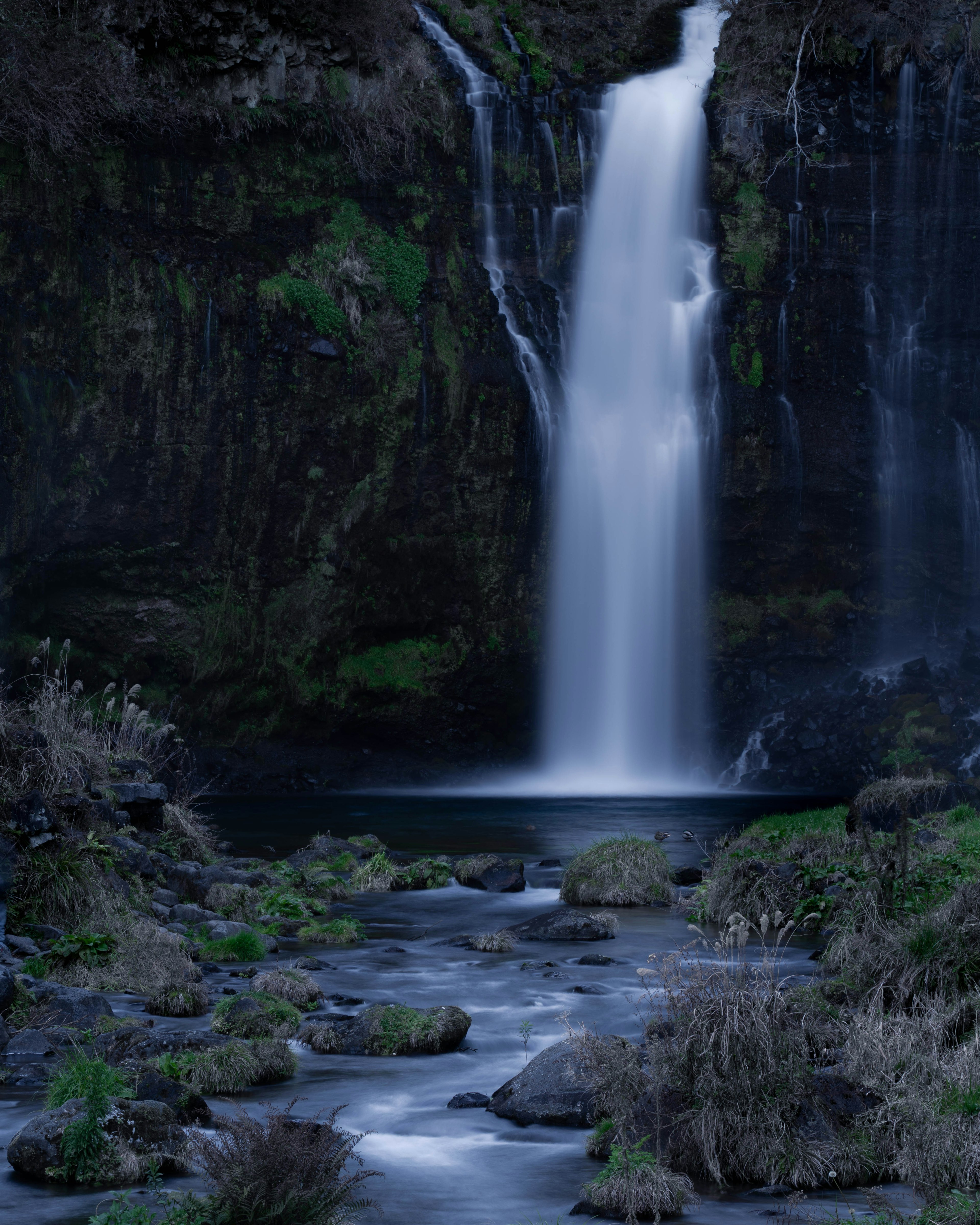 A serene waterfall cascading into a tranquil river surrounded by lush greenery