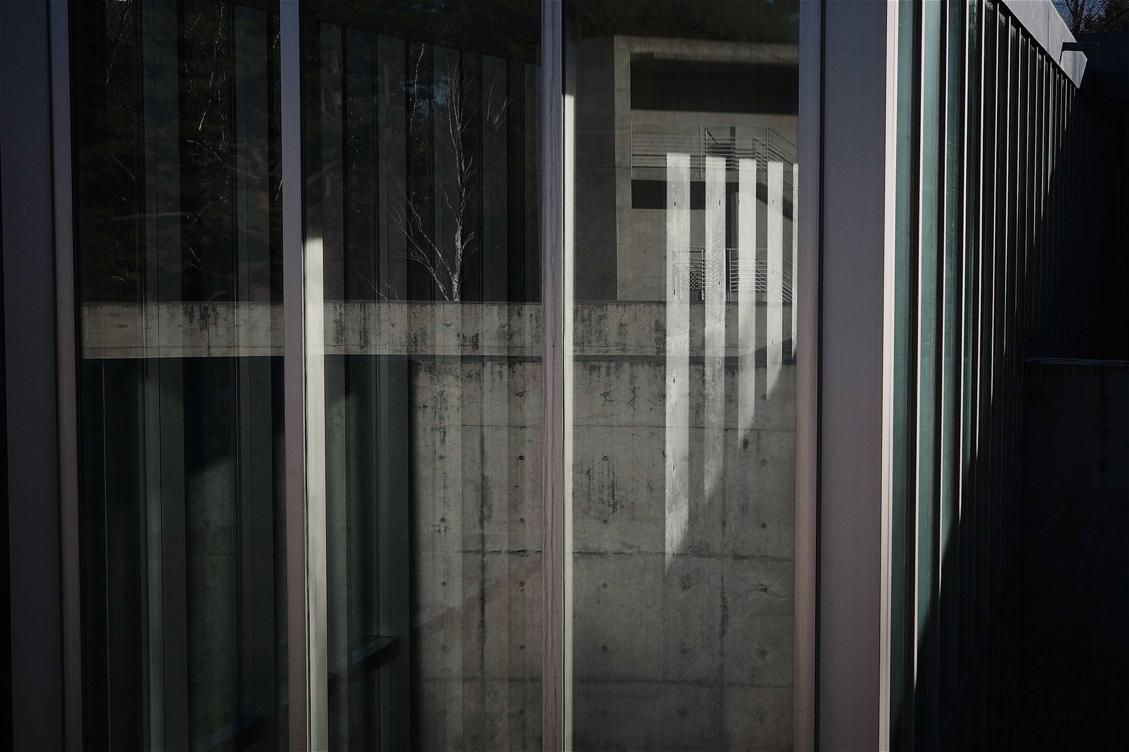 Modern building section featuring concrete wall and glass reflections