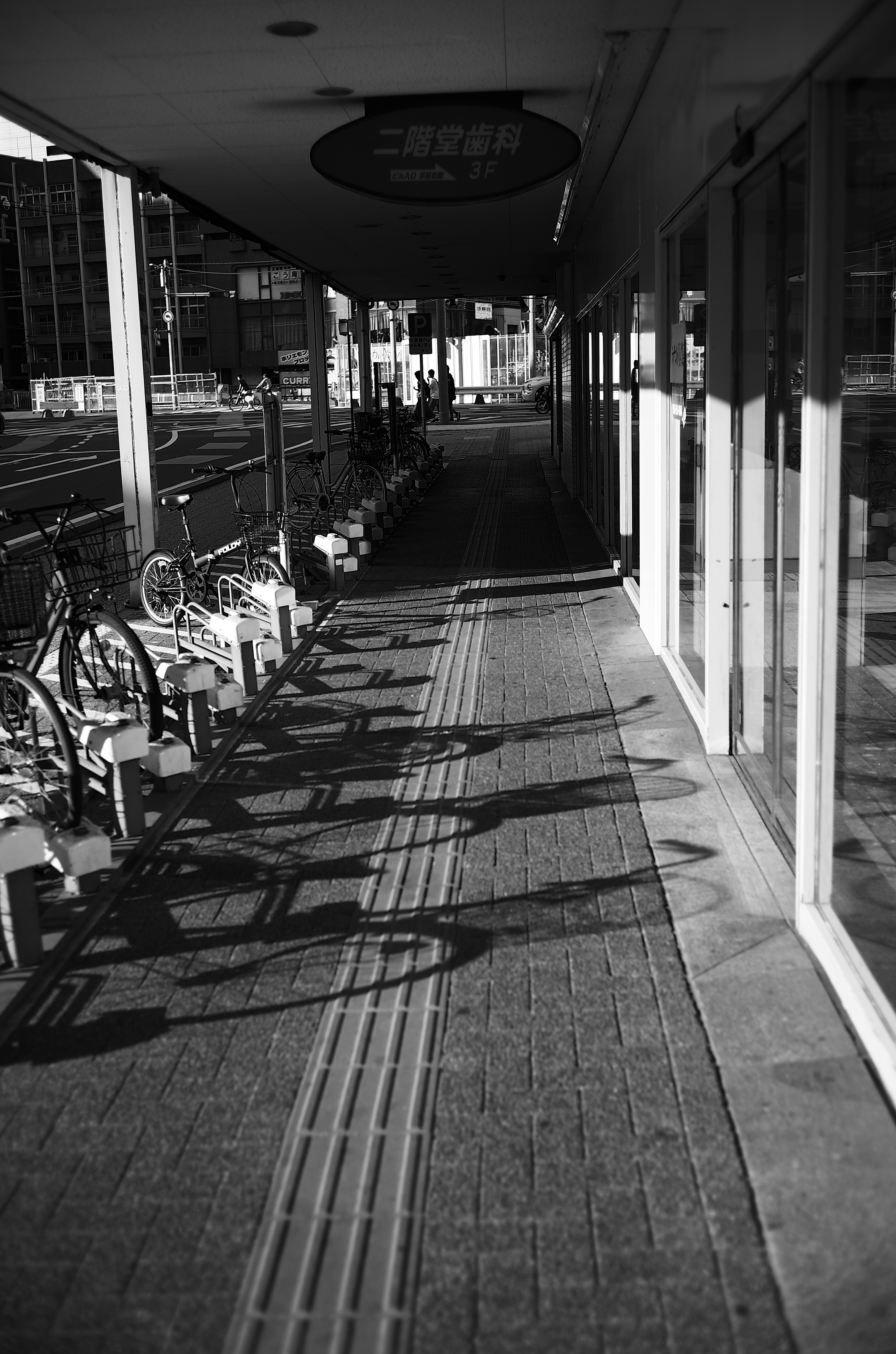 Black and white view of a sidewalk with bicycles and their shadows