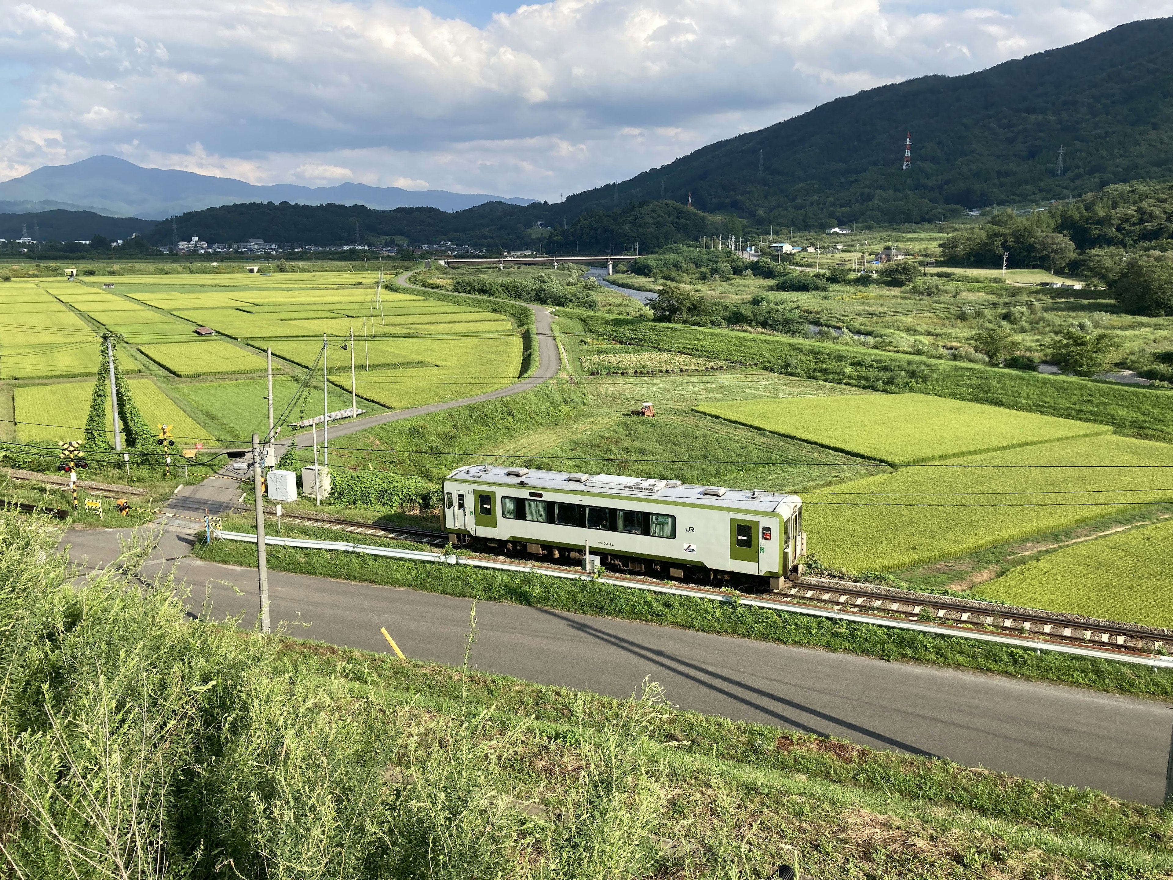 Vista escénica de un tren que pasa por campos de arroz verdes y montañas