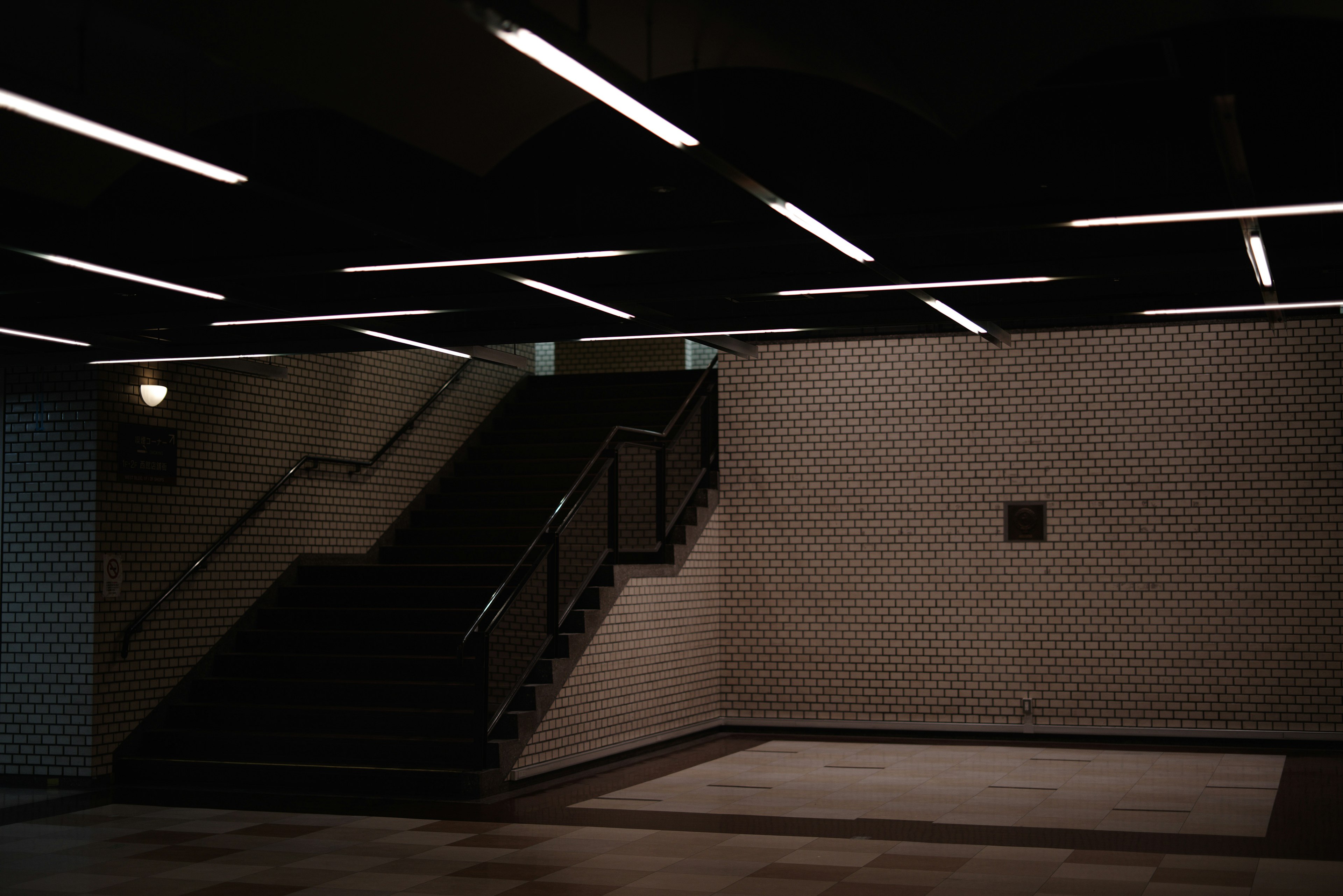 Dimly lit space featuring stairs and a simple wall with linear lighting