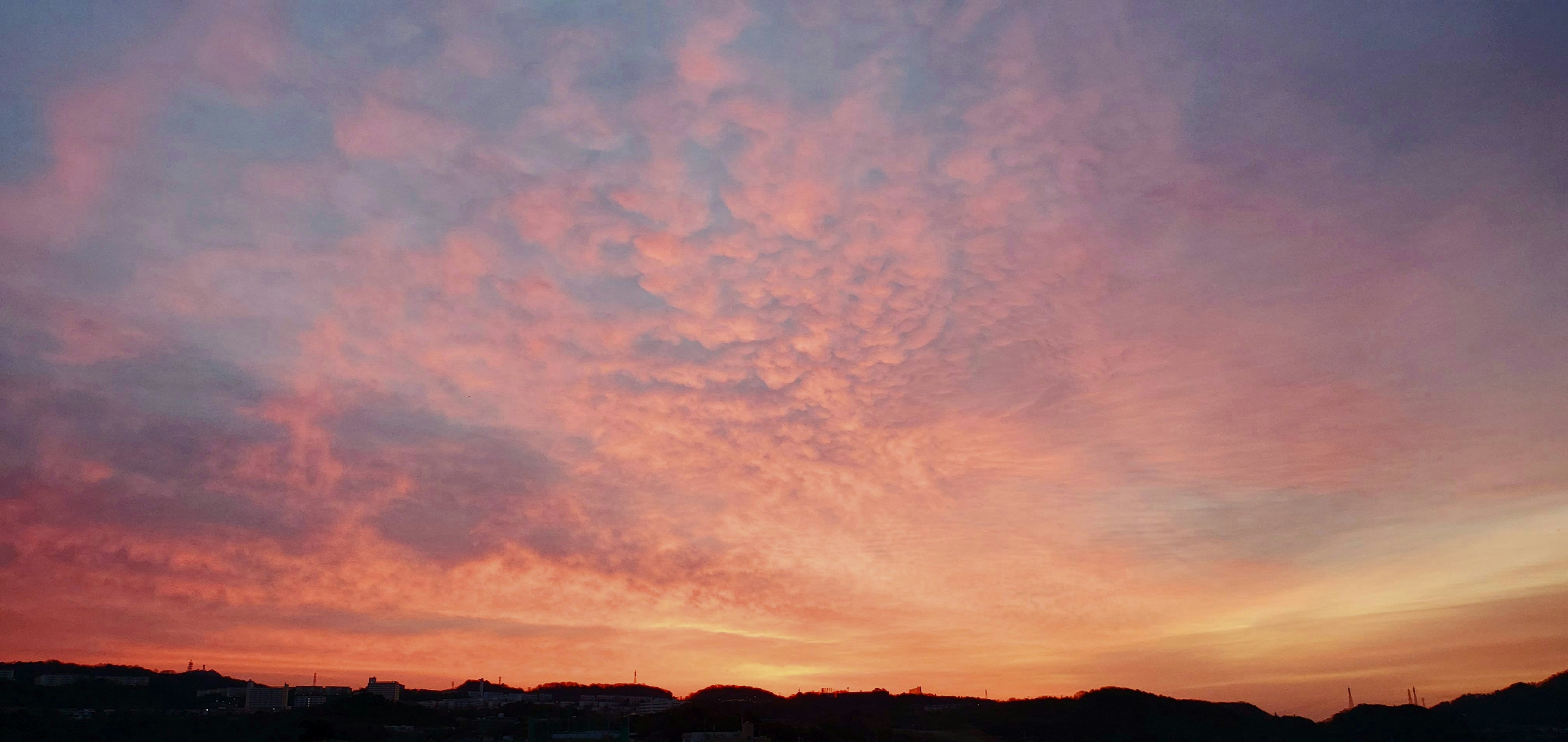 美丽的夕阳天空，粉色和橙色的云彩