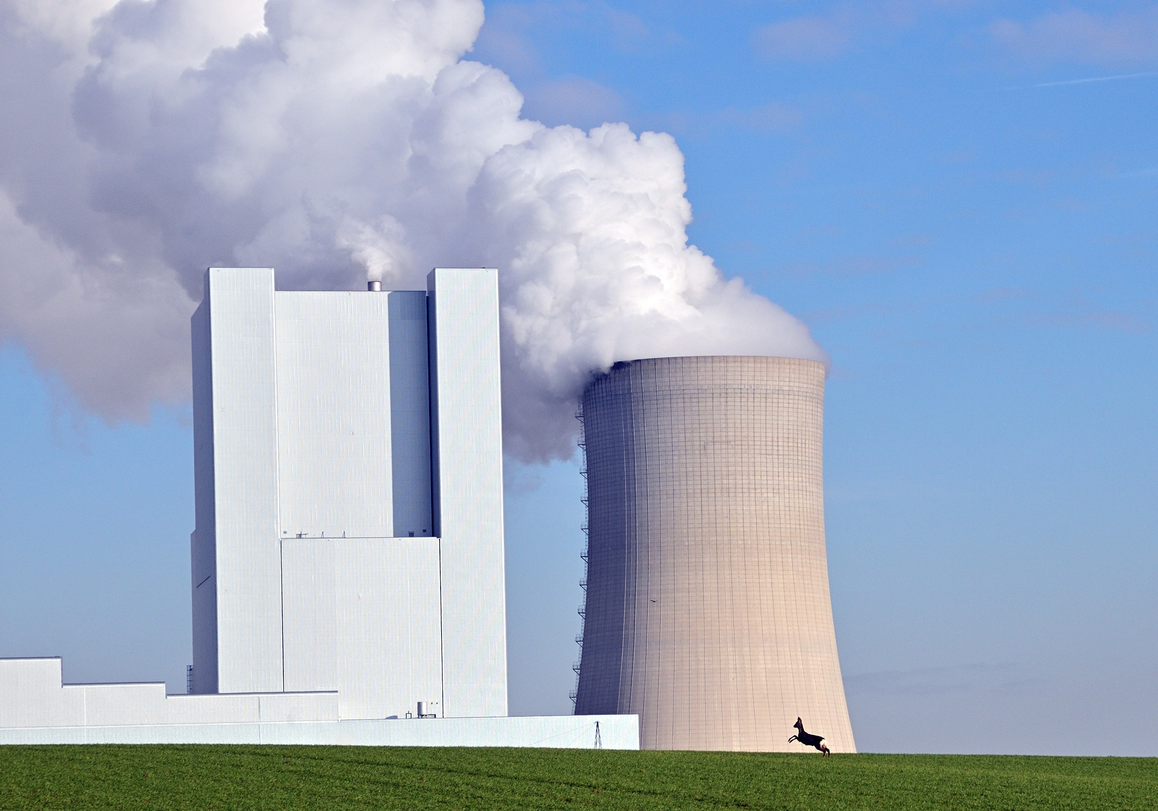 Torre de enfriamiento y edificio blanco de una planta nuclear que emite vapor