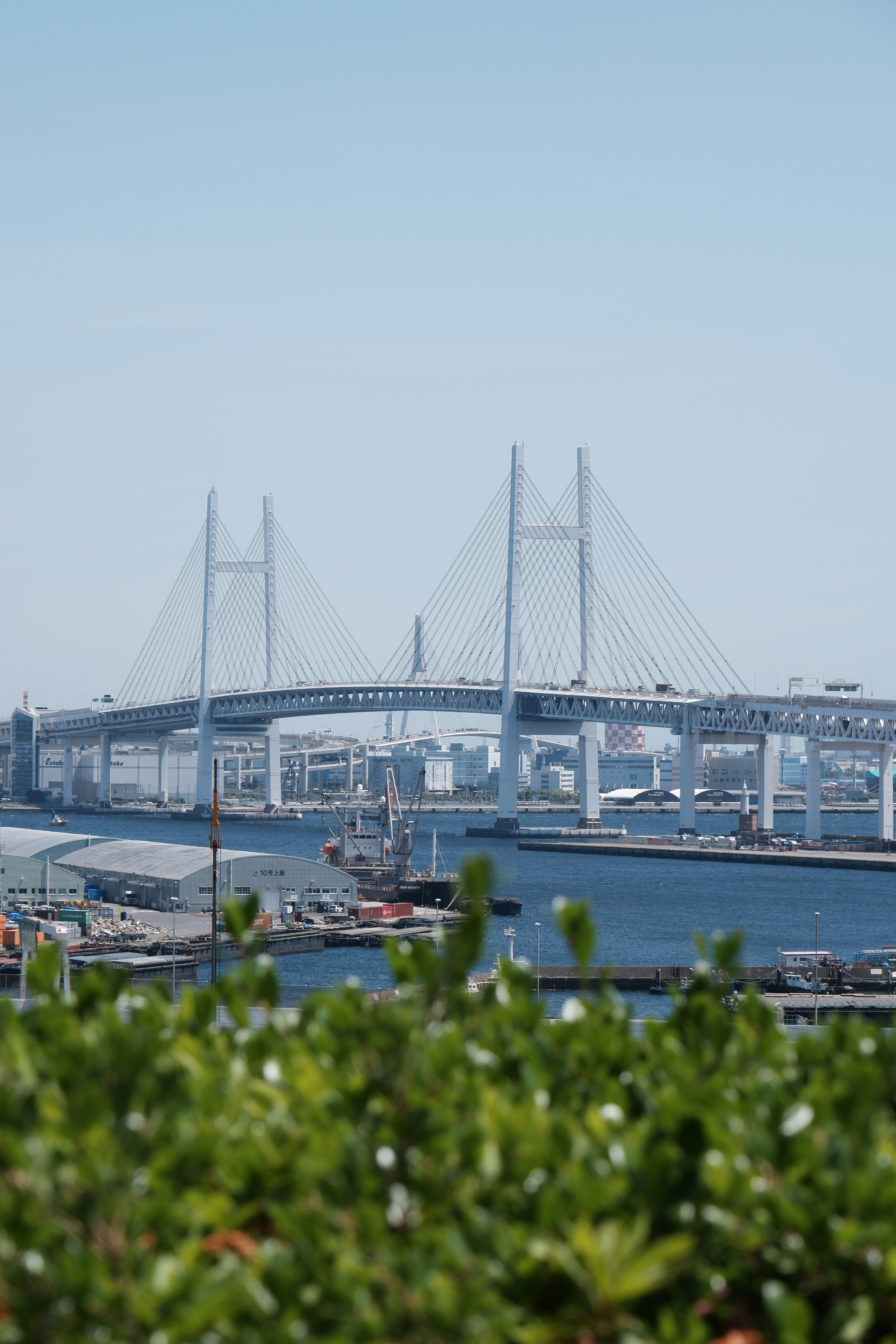 Vista del ponte della baia di Yokohama contro un cielo blu chiaro