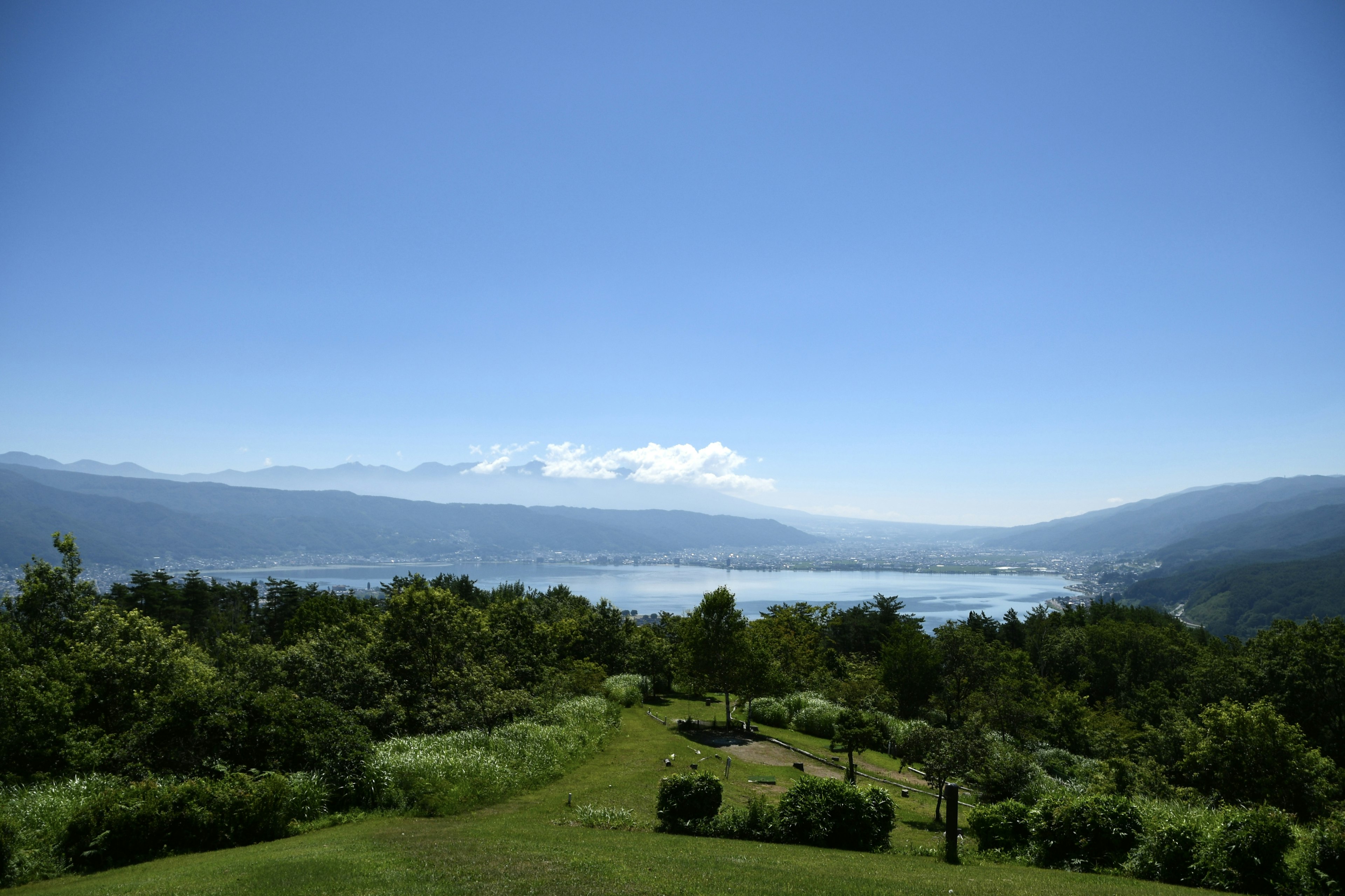 Schöne Landschaft mit blauem Himmel und See umgeben von üppigem Grün