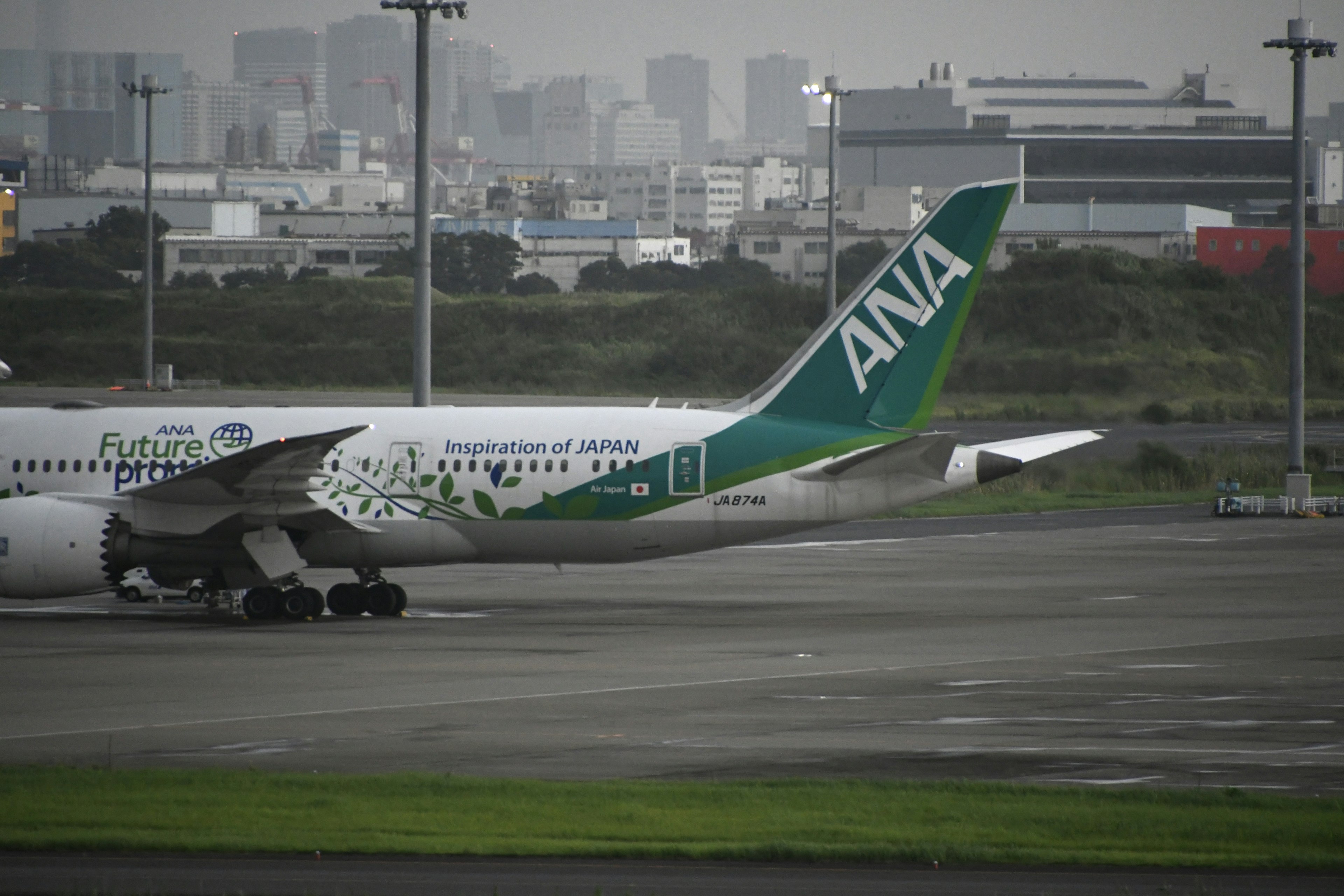 Avión de ANA estacionado en la pista con un horizonte urbano de fondo