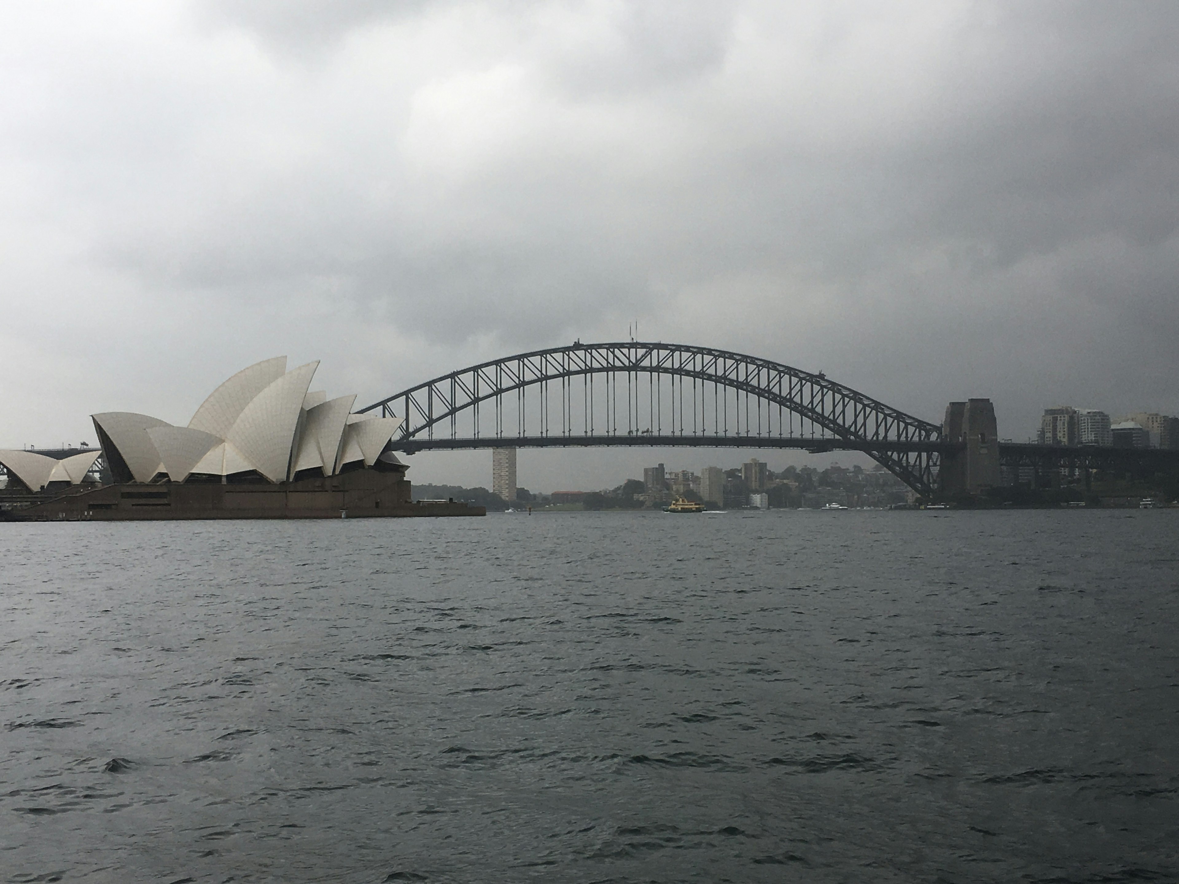 Sydney Opera House and Sydney Harbour Bridge under a cloudy sky with calm waters