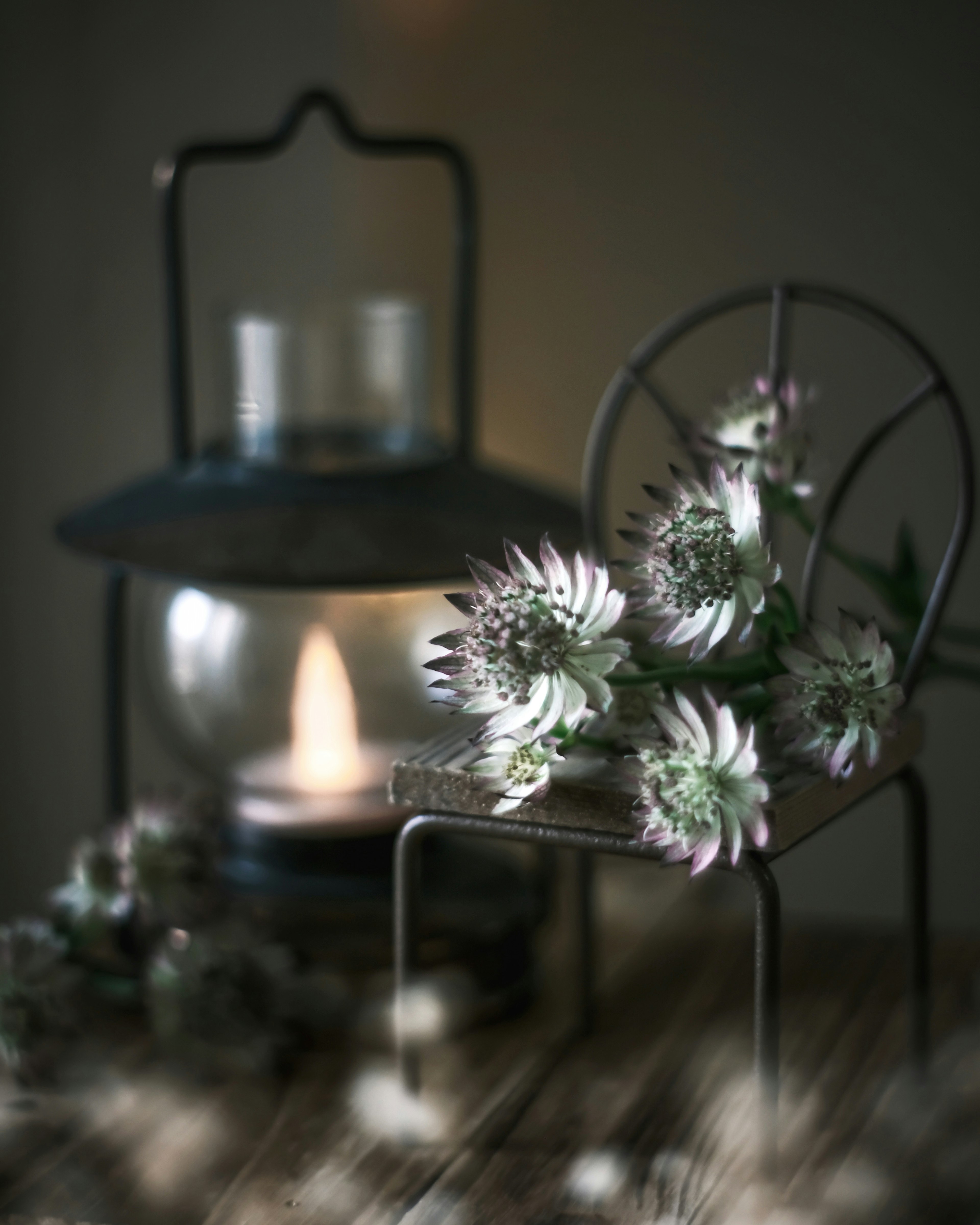 A small metal chair adorned with flowers beside a softly glowing lantern