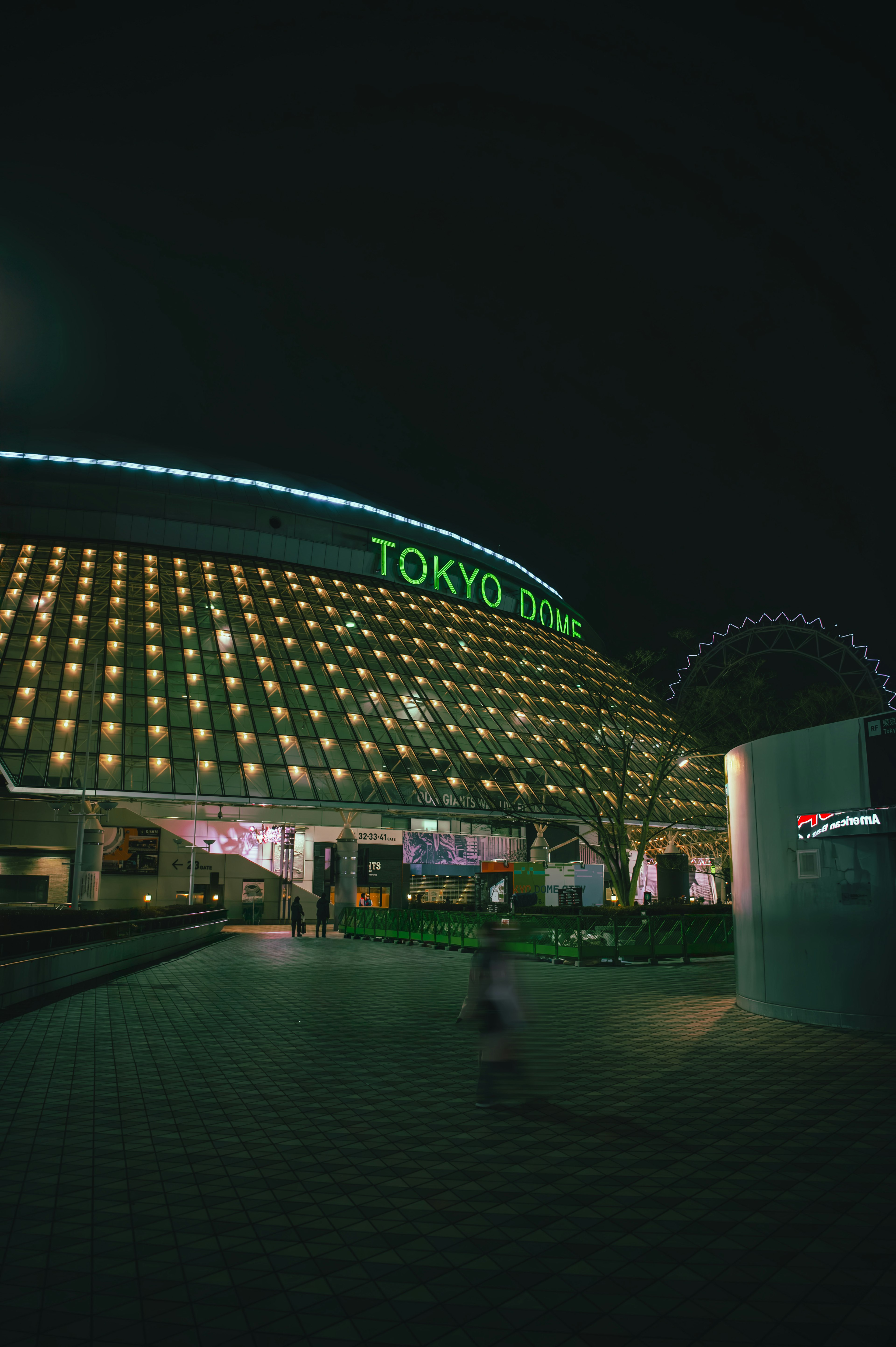 Helles Gebäude mit Tokyo Zone-Schild und Riesenrad bei Nacht