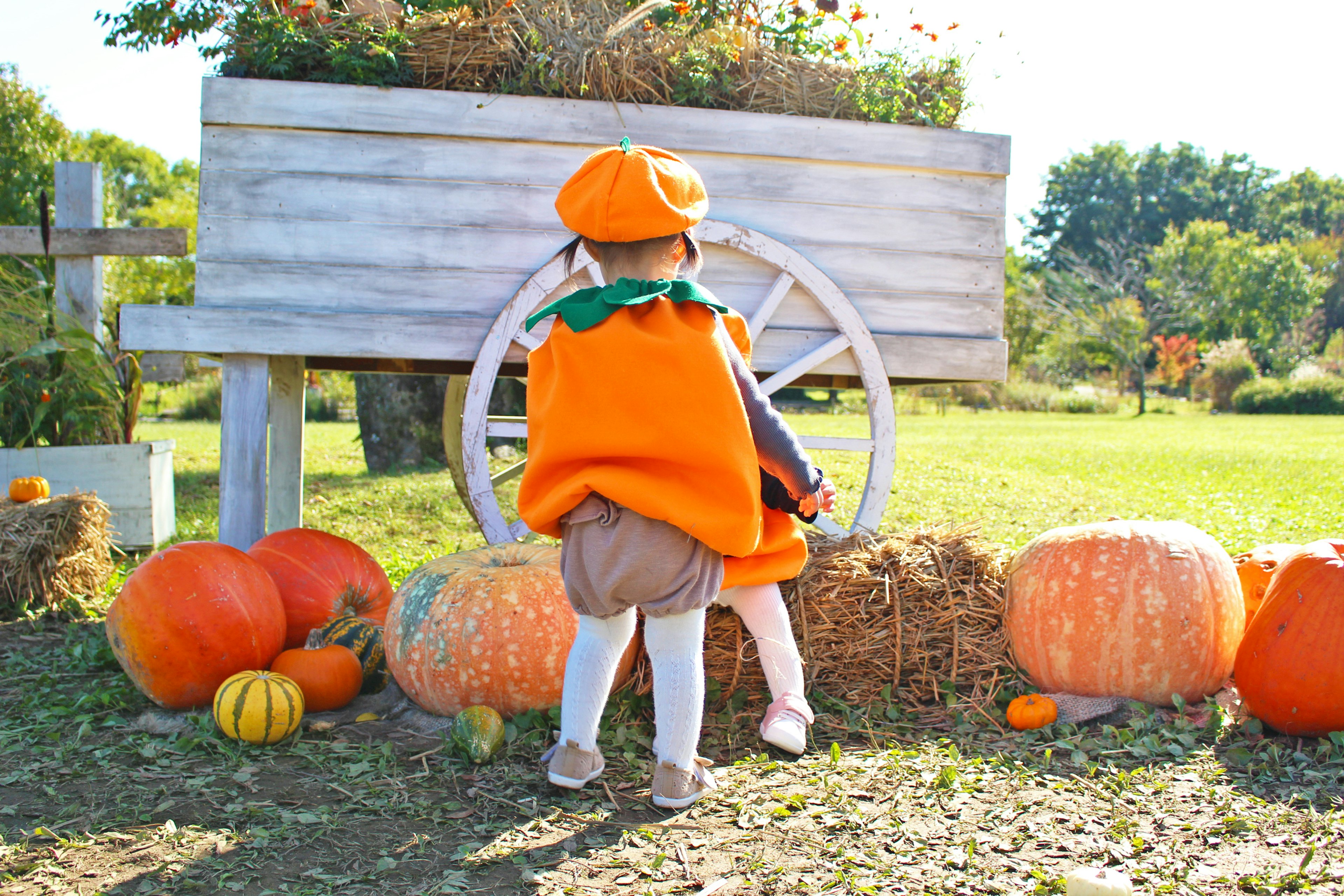 Child in a pumpkin costume near pumpkins and hay bales