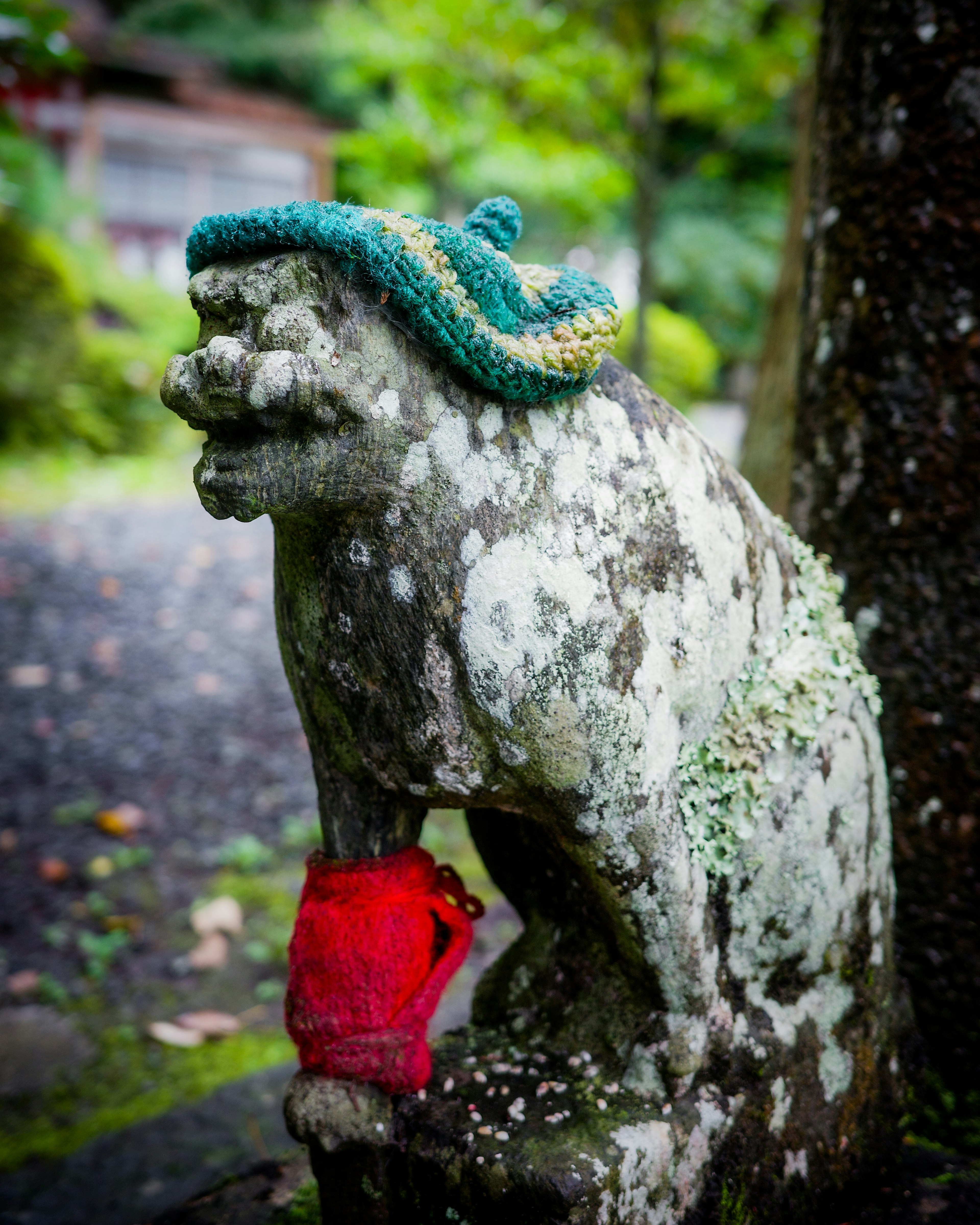 Moss-covered guardian lion statue wearing a green hat and red pouch