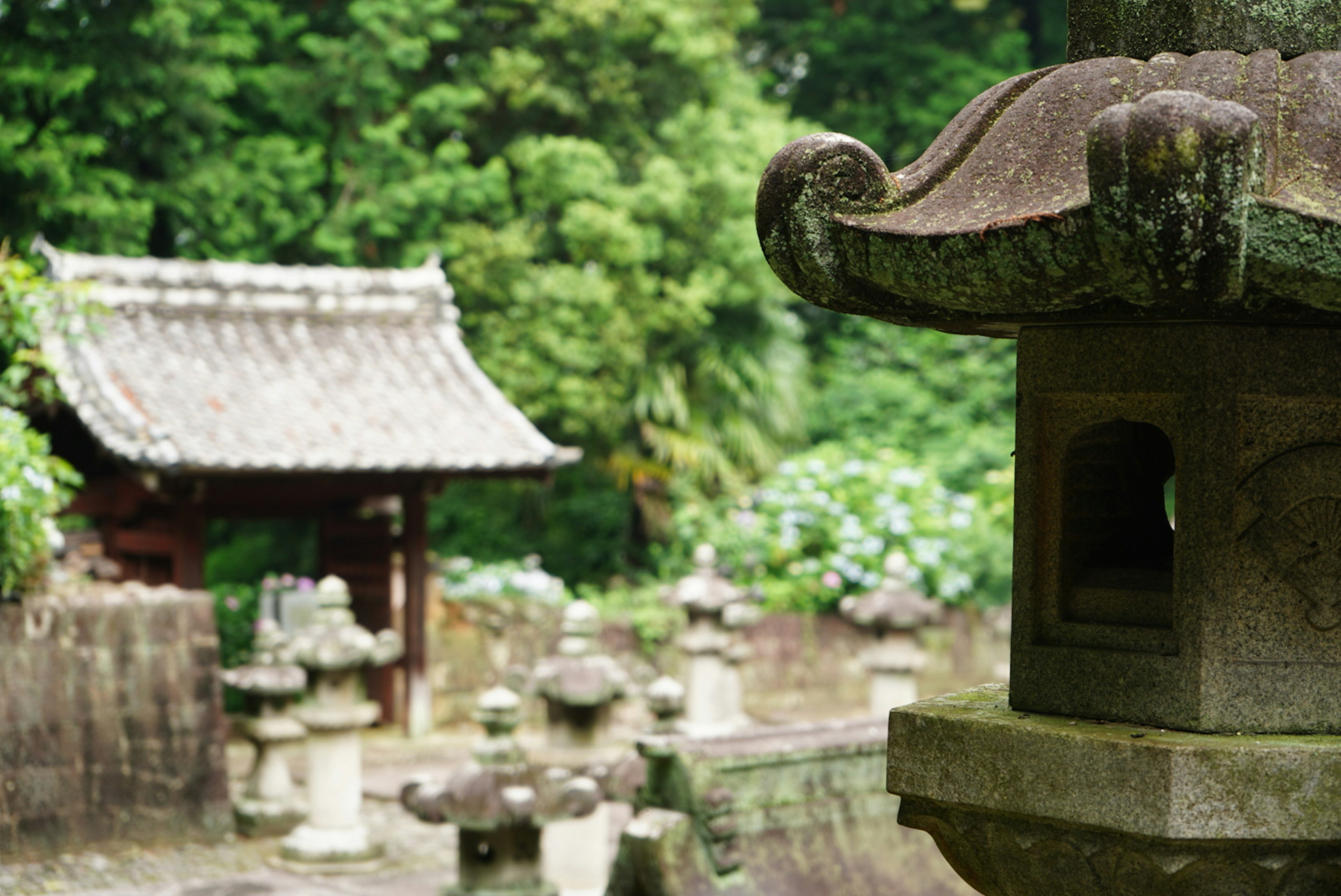 Traditionelle japanische Gartenszene mit Ste lantern und altem Gebäude