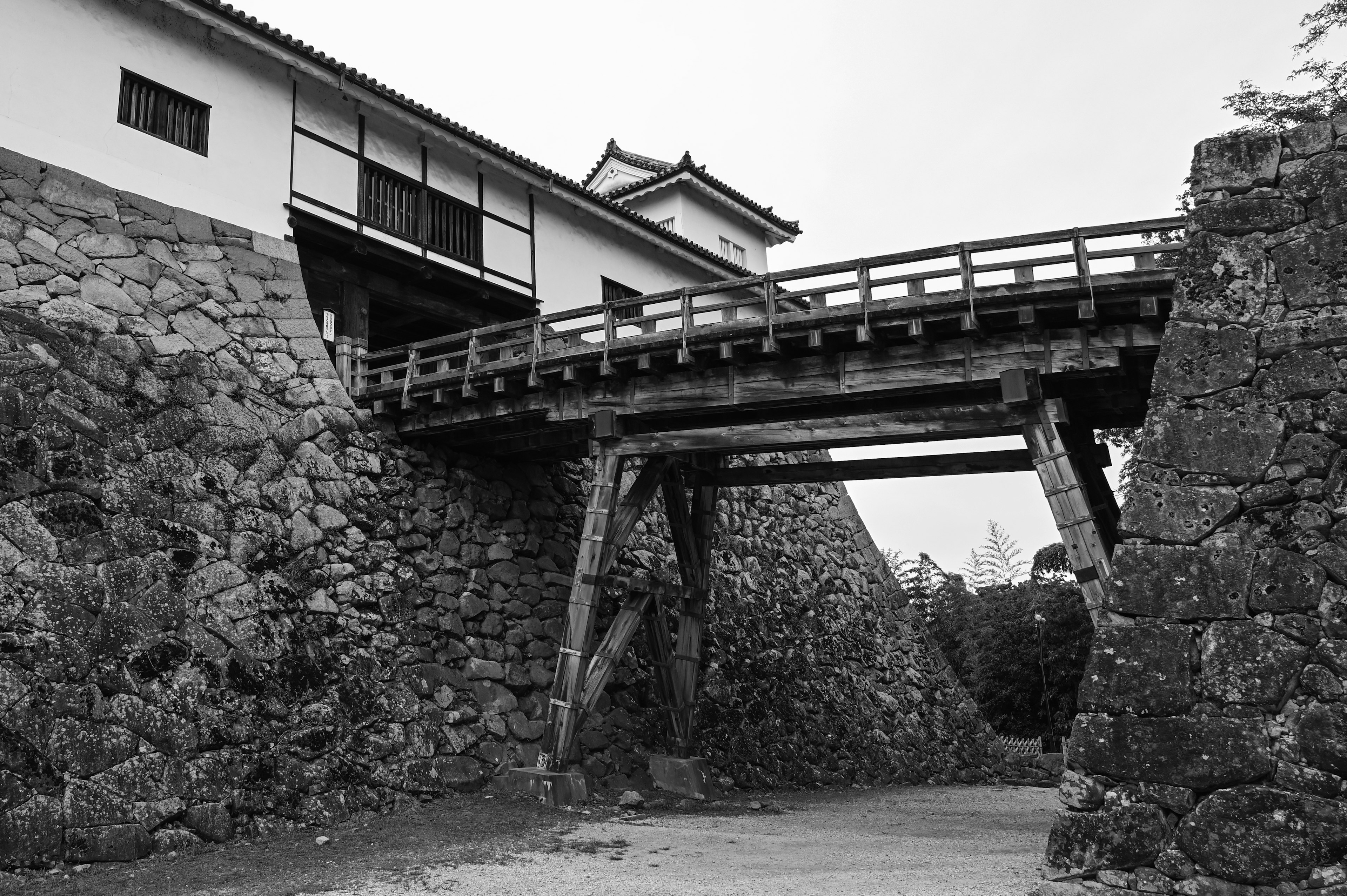 Vista in bianco e nero di un ponte di castello e di muri di pietra