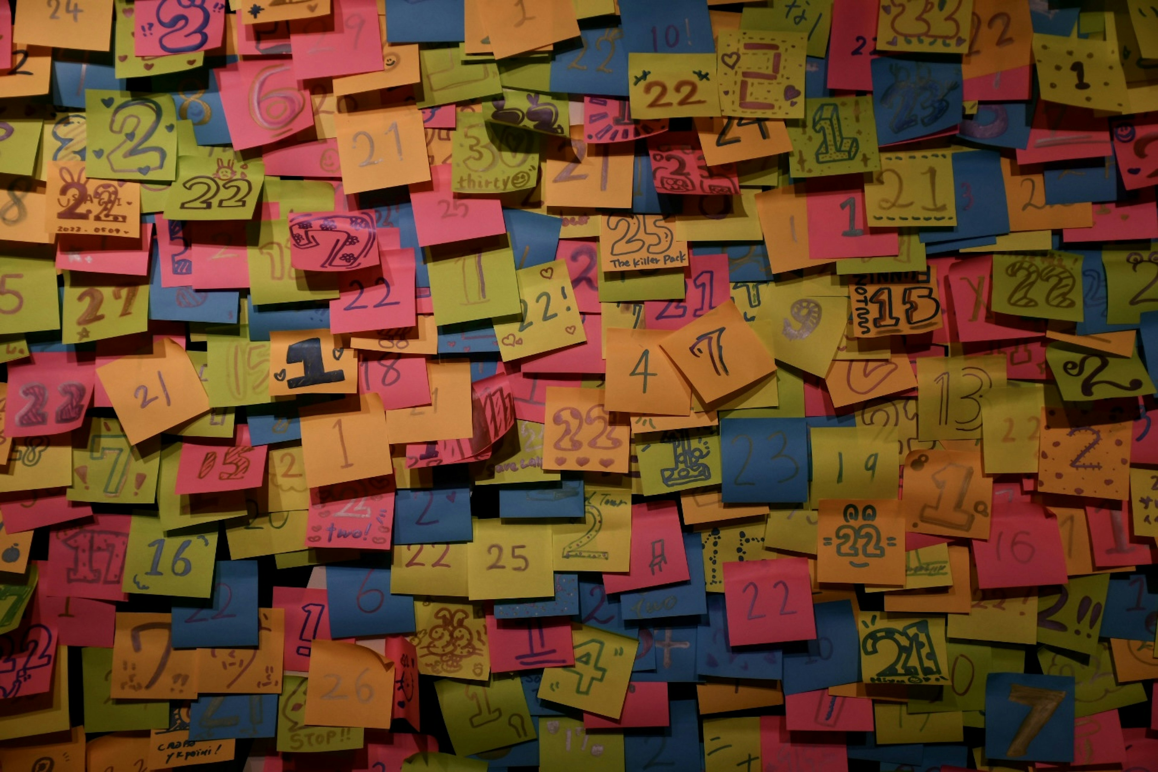 Colorful sticky notes densely arranged on a wall