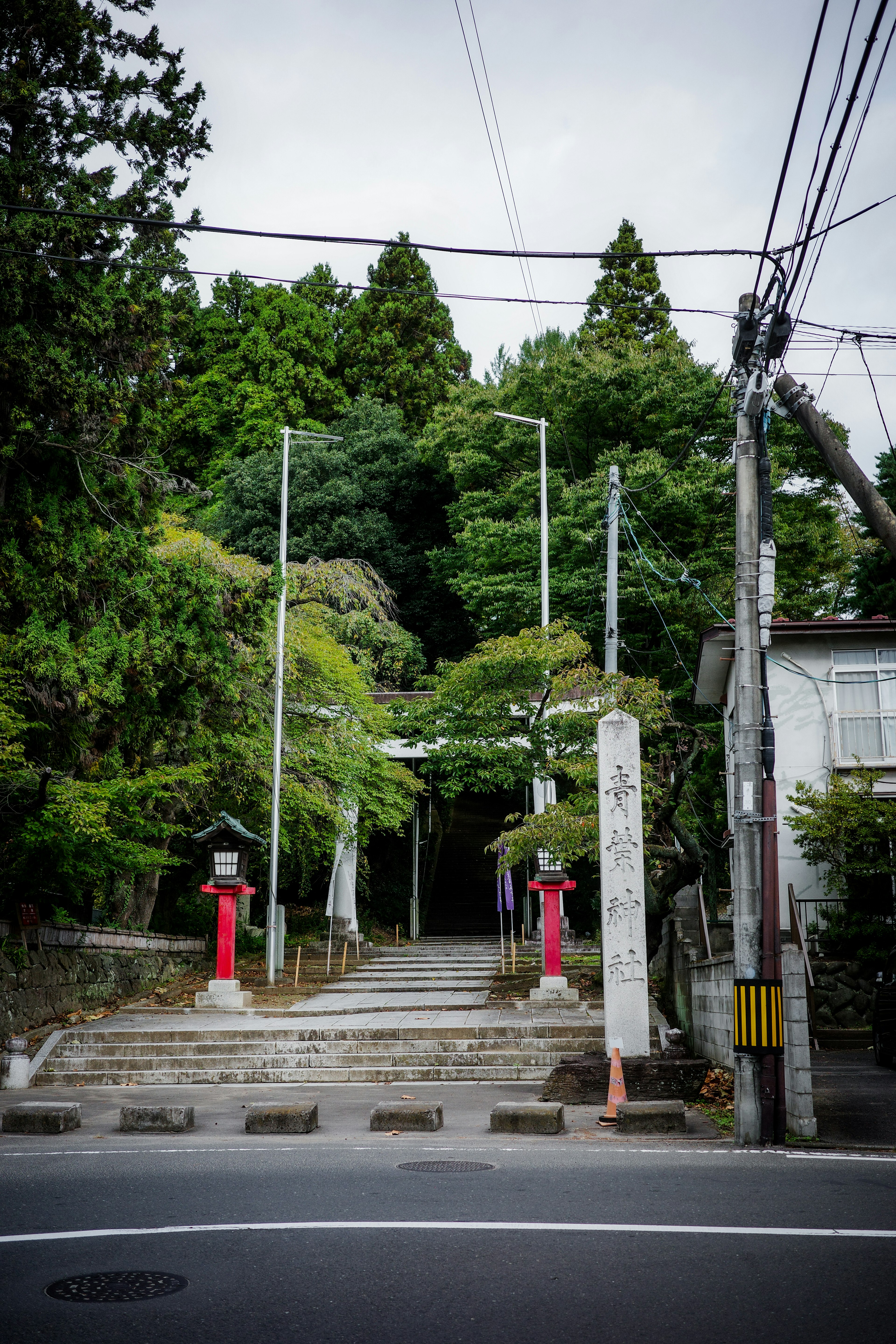 Eingang zu einem Schrein mit Steinstufen und roten Torii, umgeben von üppigem Grün und Stromleitungen