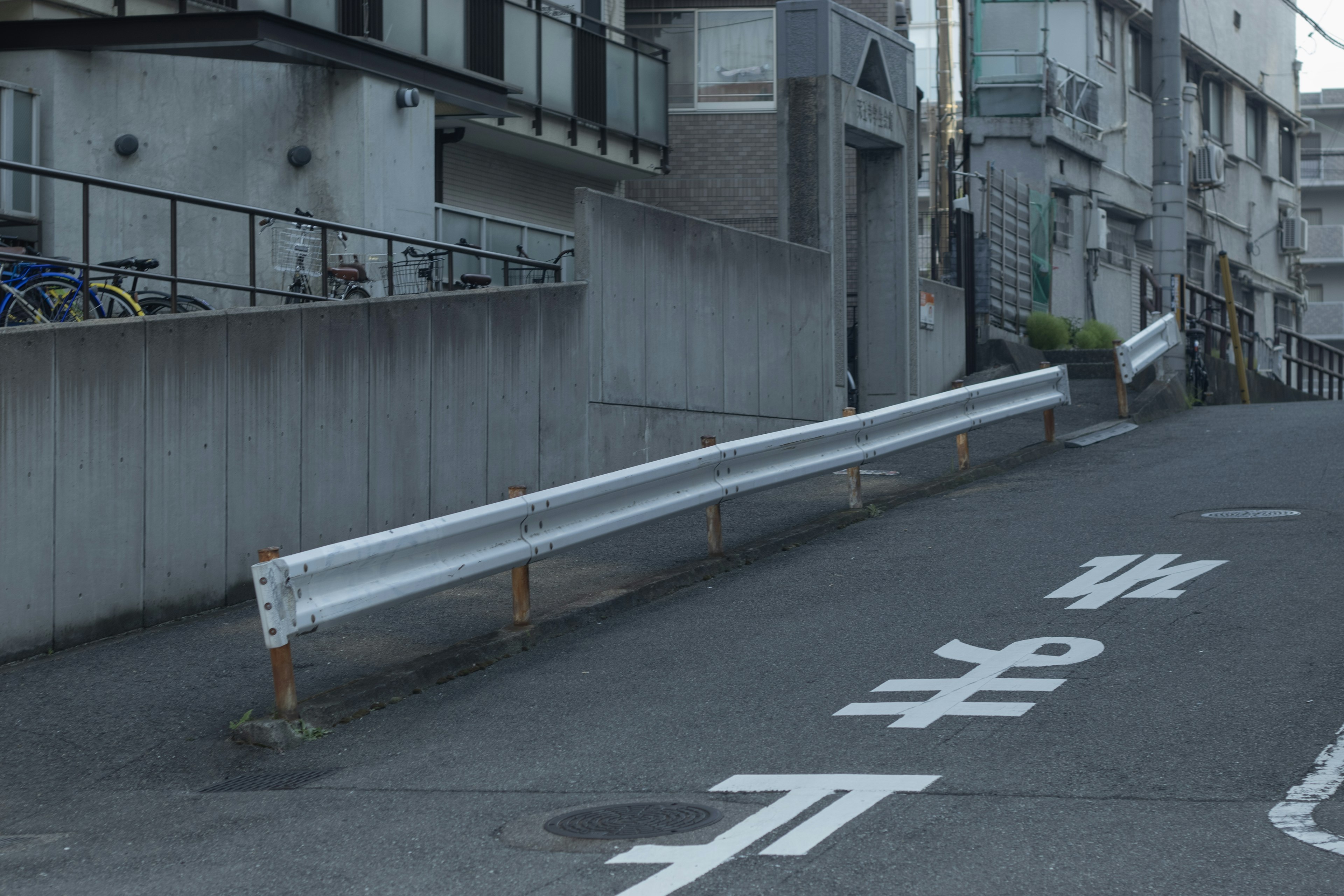 Barandilla metálica a lo largo de una carretera estrecha con marcas de calle en japonés