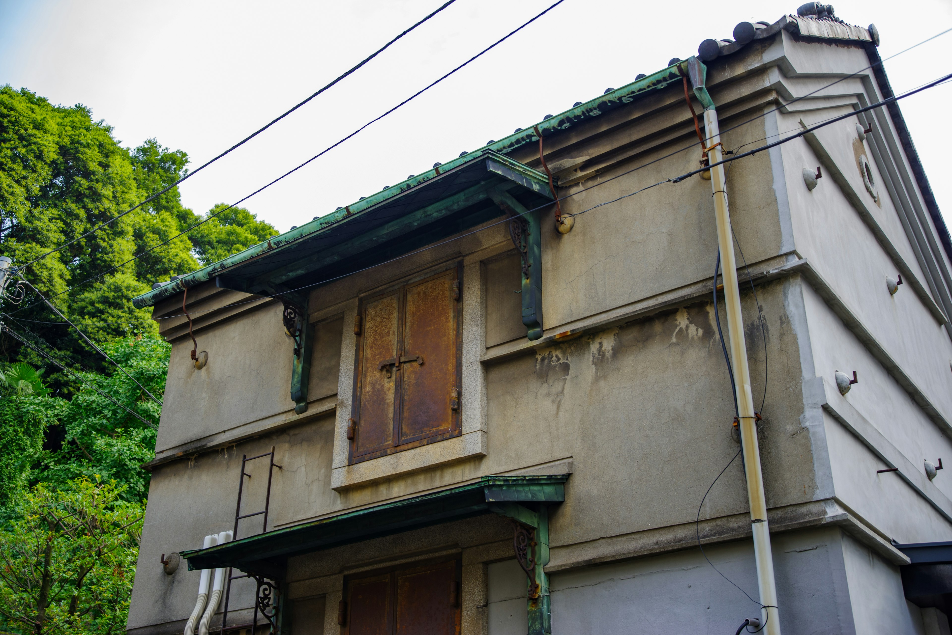 Esterno di un vecchio edificio con tetto verde e porte in legno Muri in cemento circondati da vegetazione