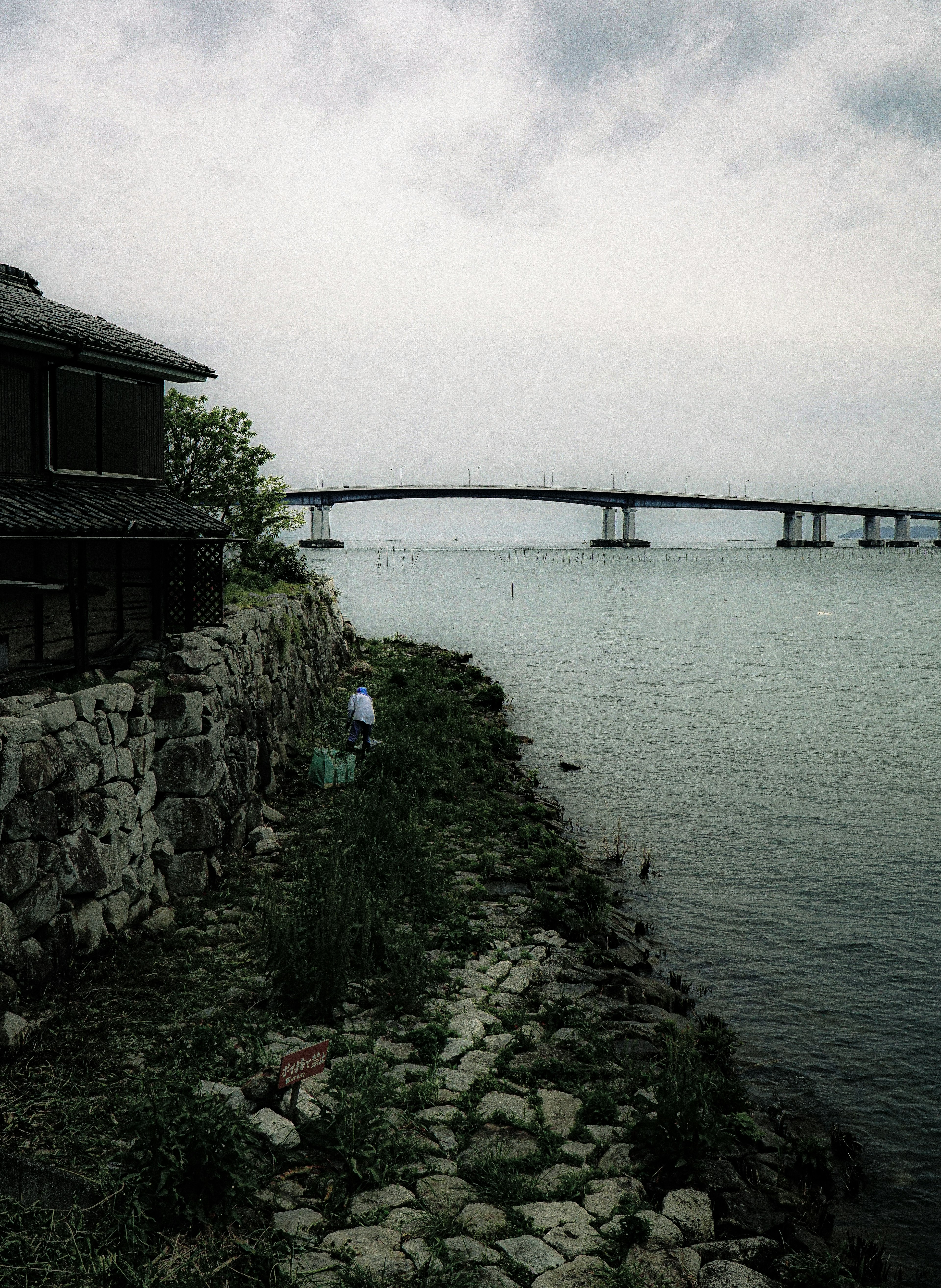 橋と海岸線の景色に立つ人がいる風景