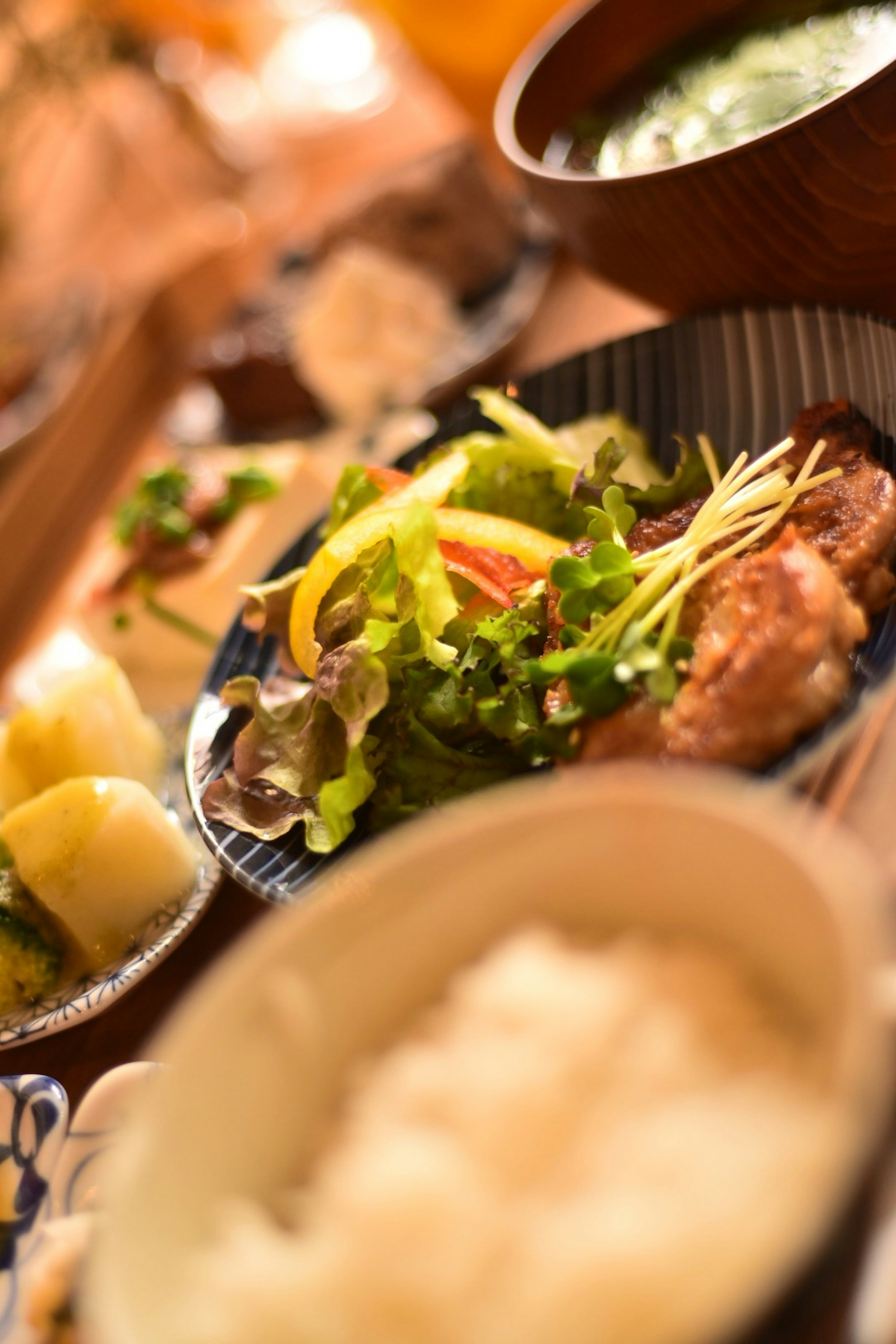 Japanese meal featuring colorful salad and chicken dish