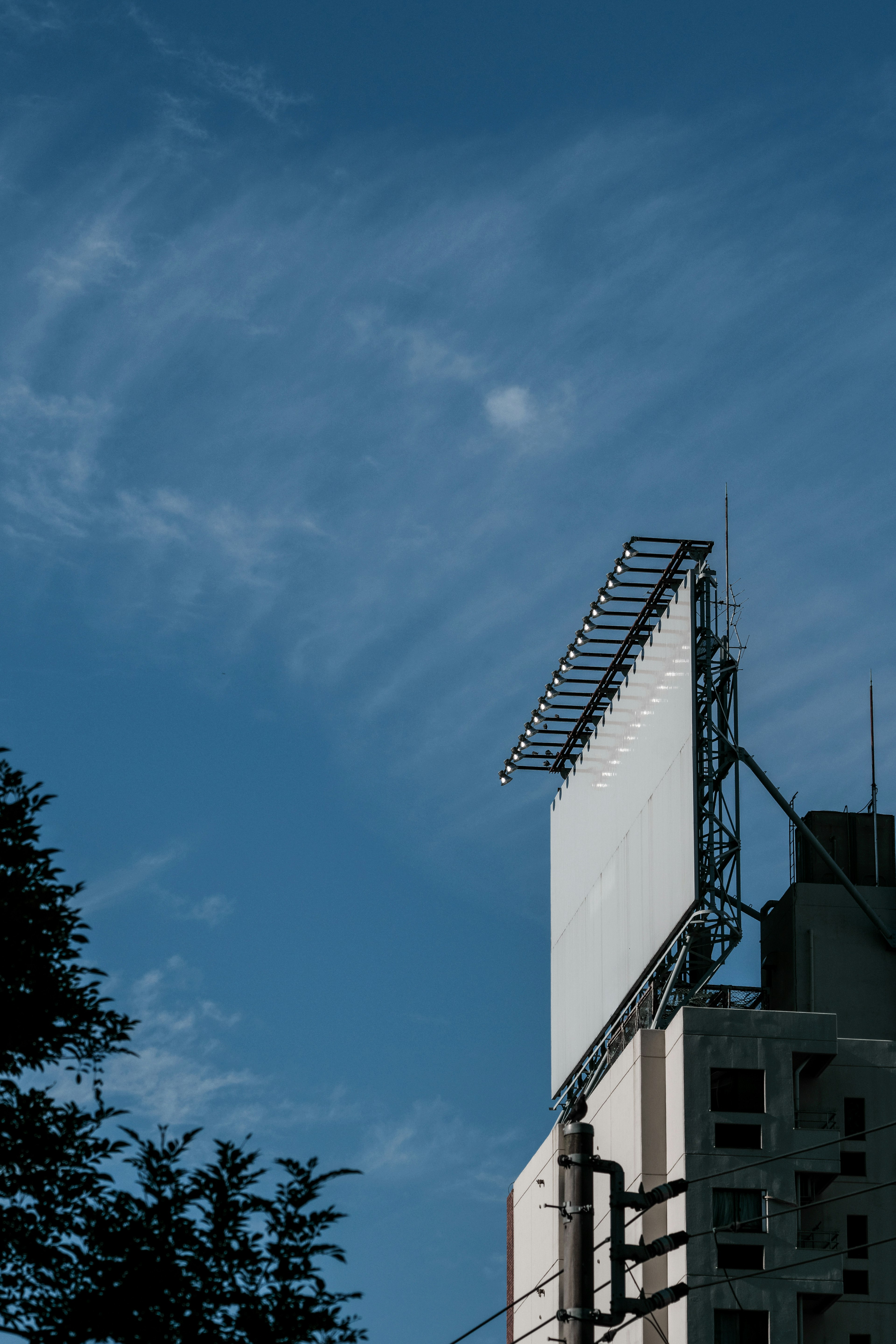 Großes leeres Werbeschild vor einem blauen Himmel mit teilweise sichtbarem Gebäude