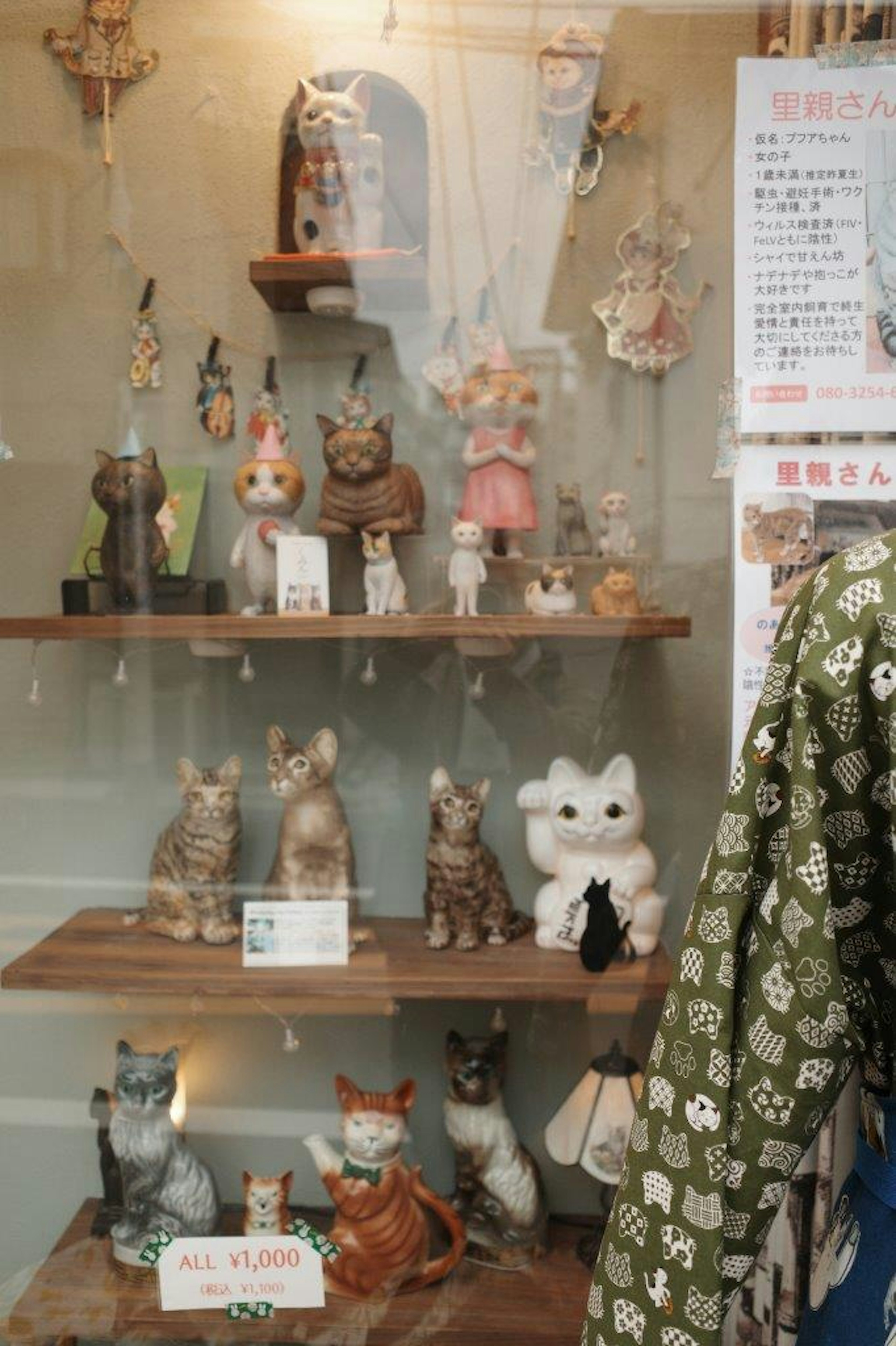 Display of cat figurines and trinkets in a shop window