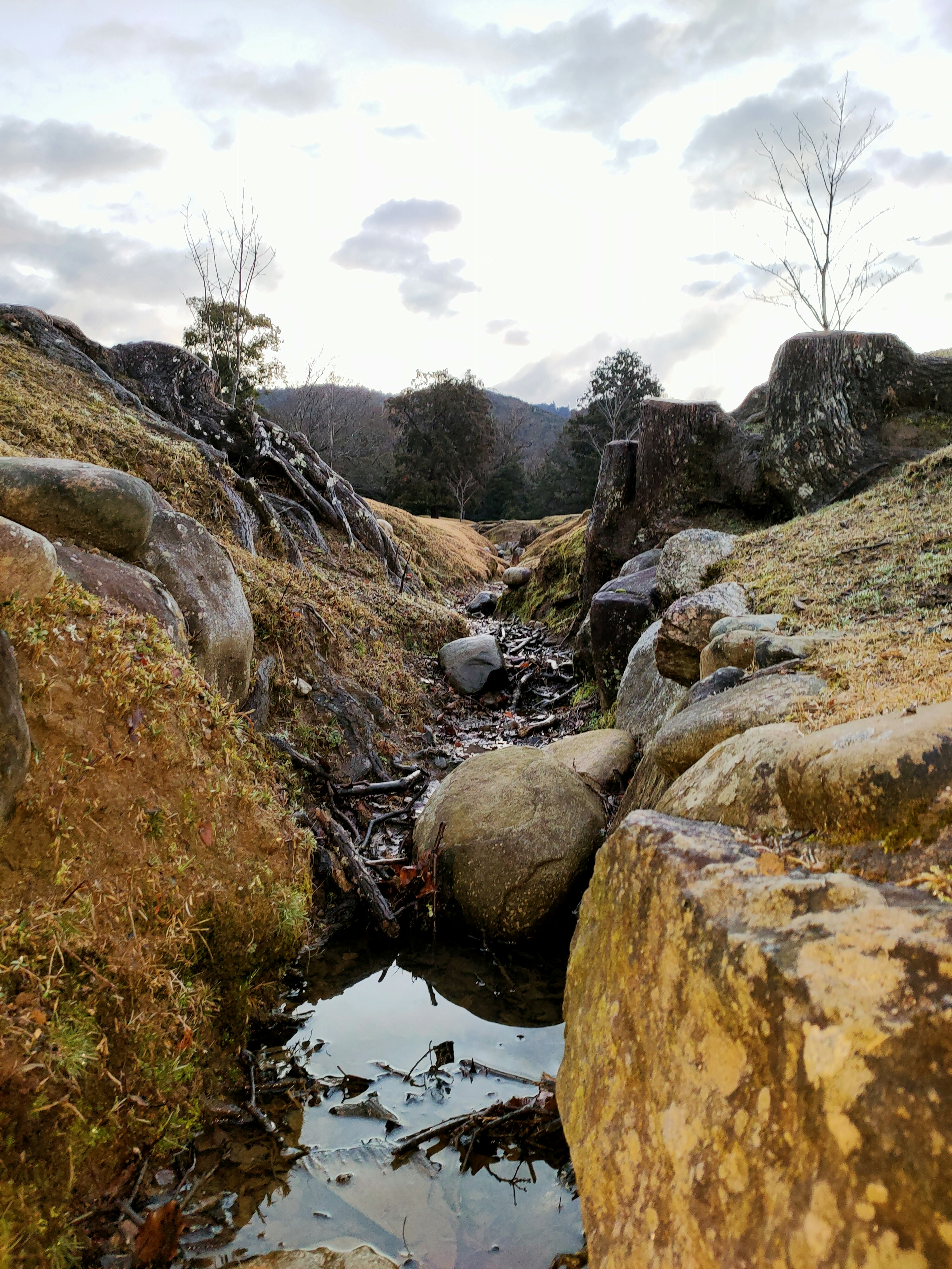 Eine Landschaft mit einem Bach, Felsen und Pfützen