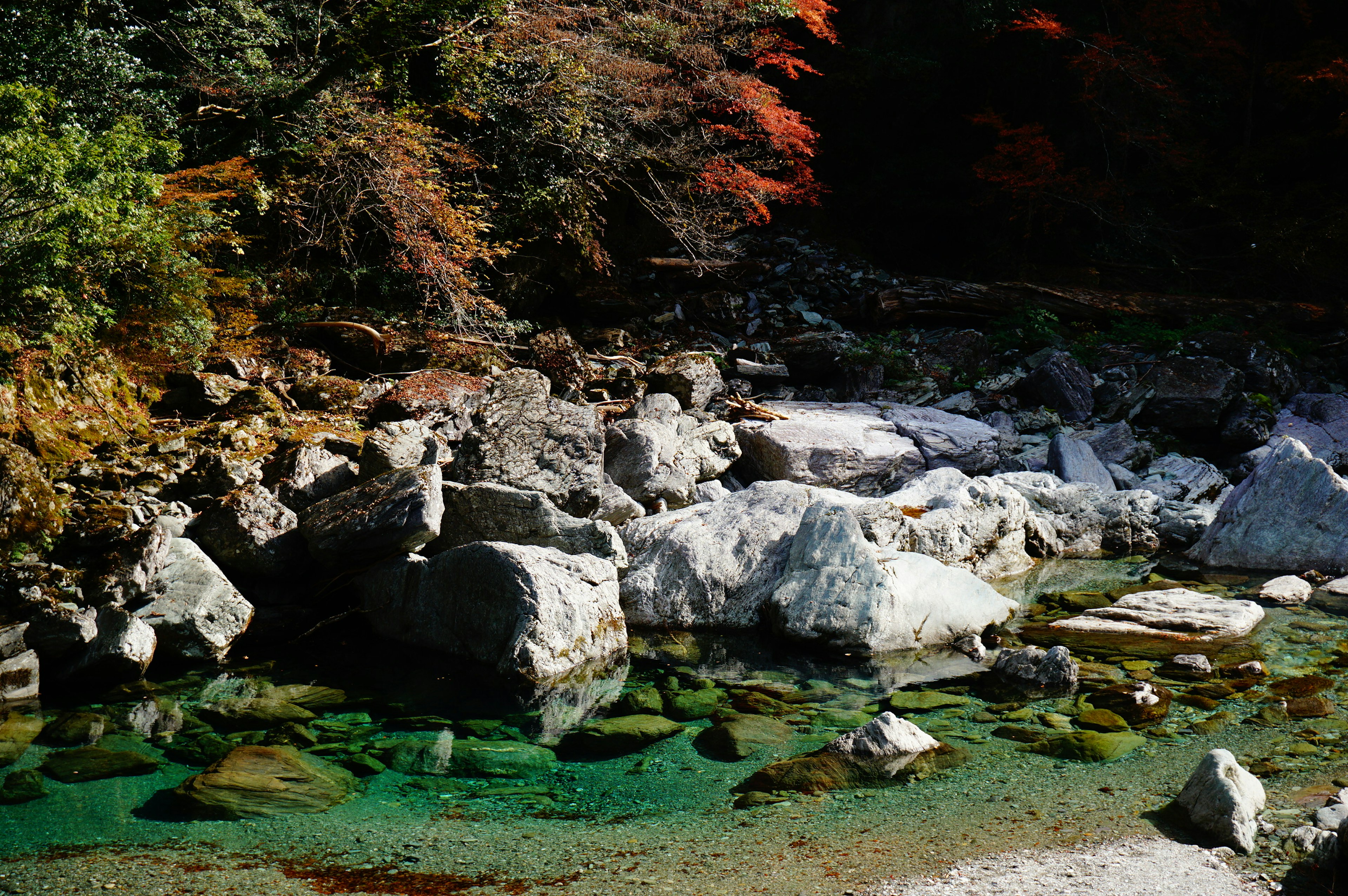 A rocky stream with colorful autumn leaves