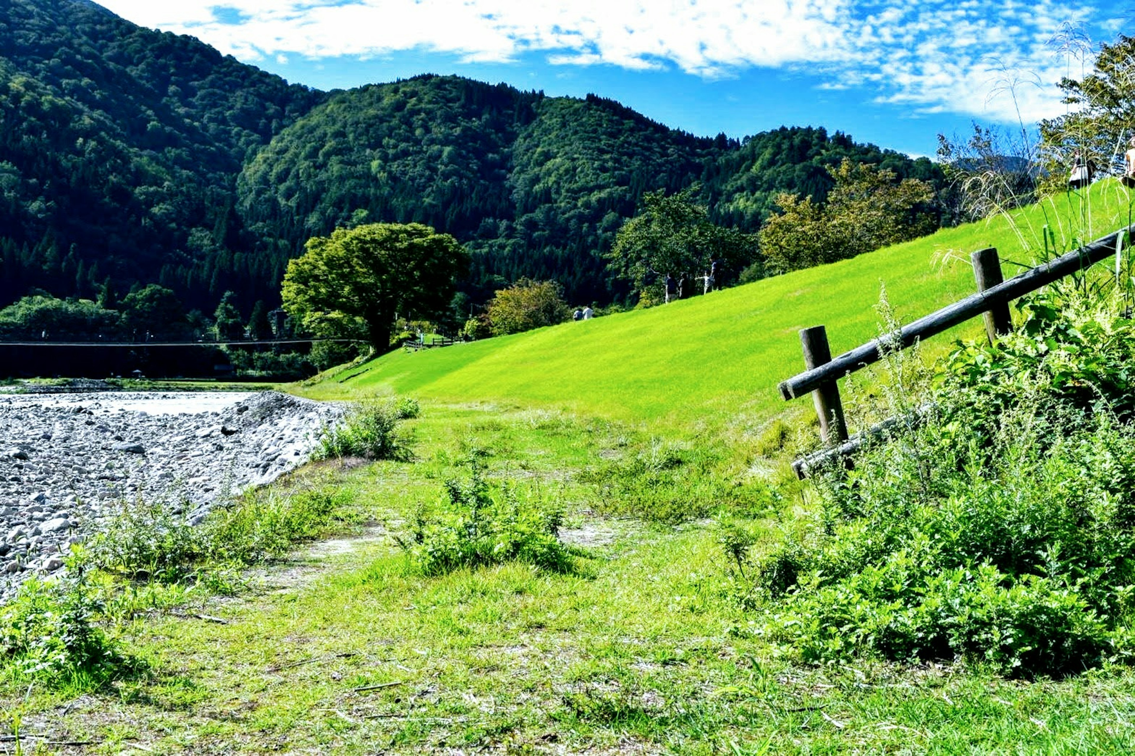 Scenic view of a riverside with green hills and blue sky