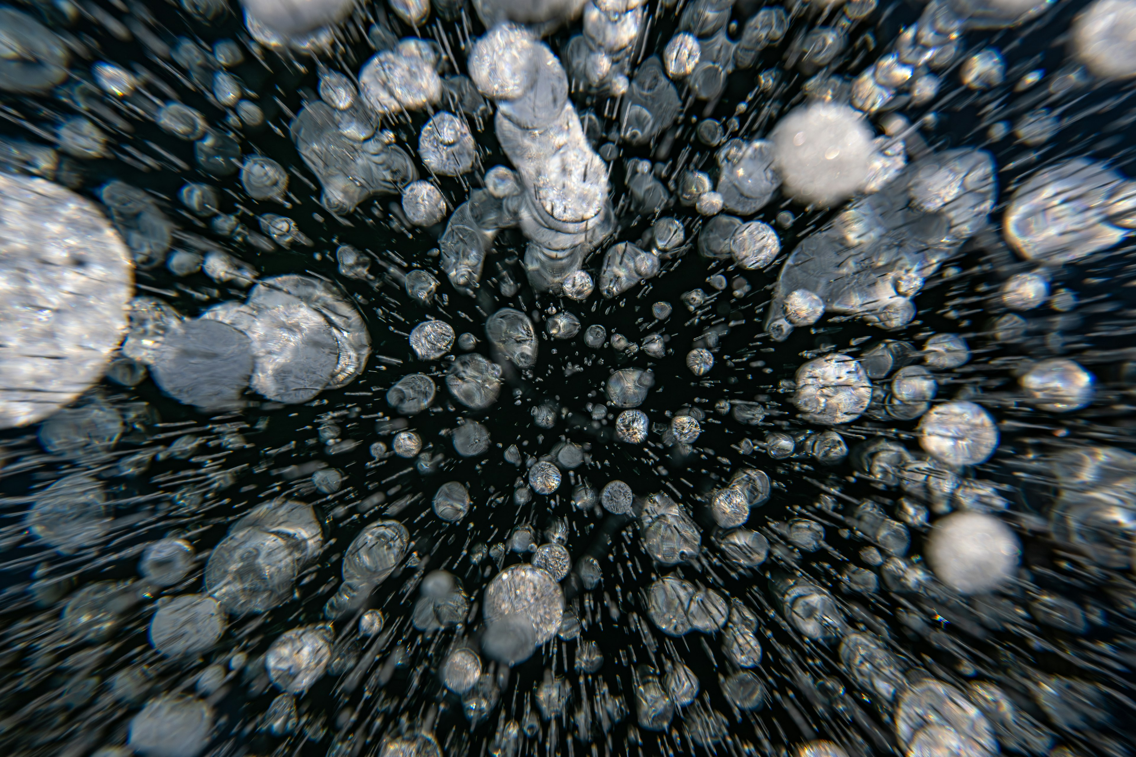 Close-up image of numerous bubbles floating against a black background