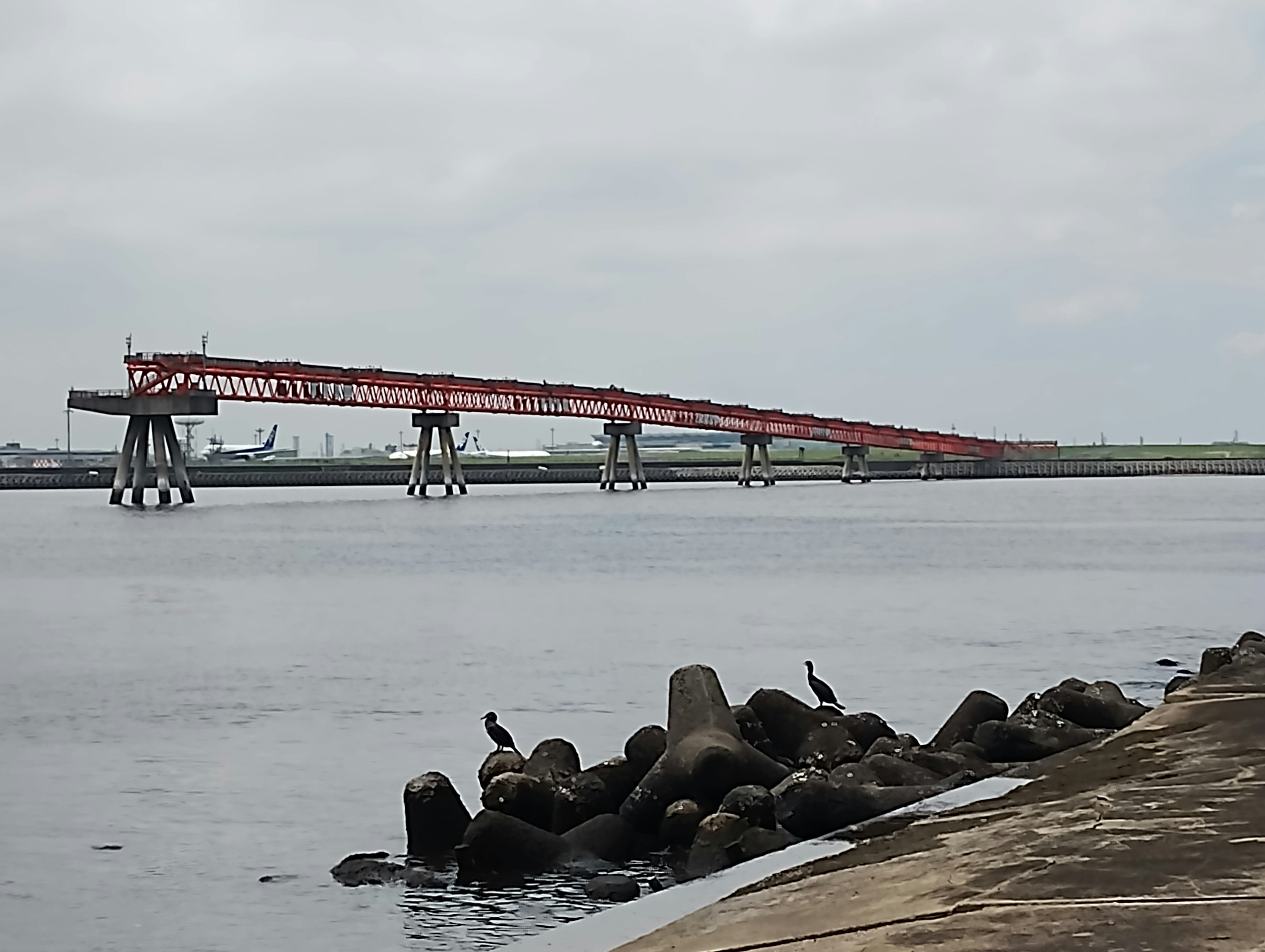 View of a red bridge over calm water with stones and birds on the shore