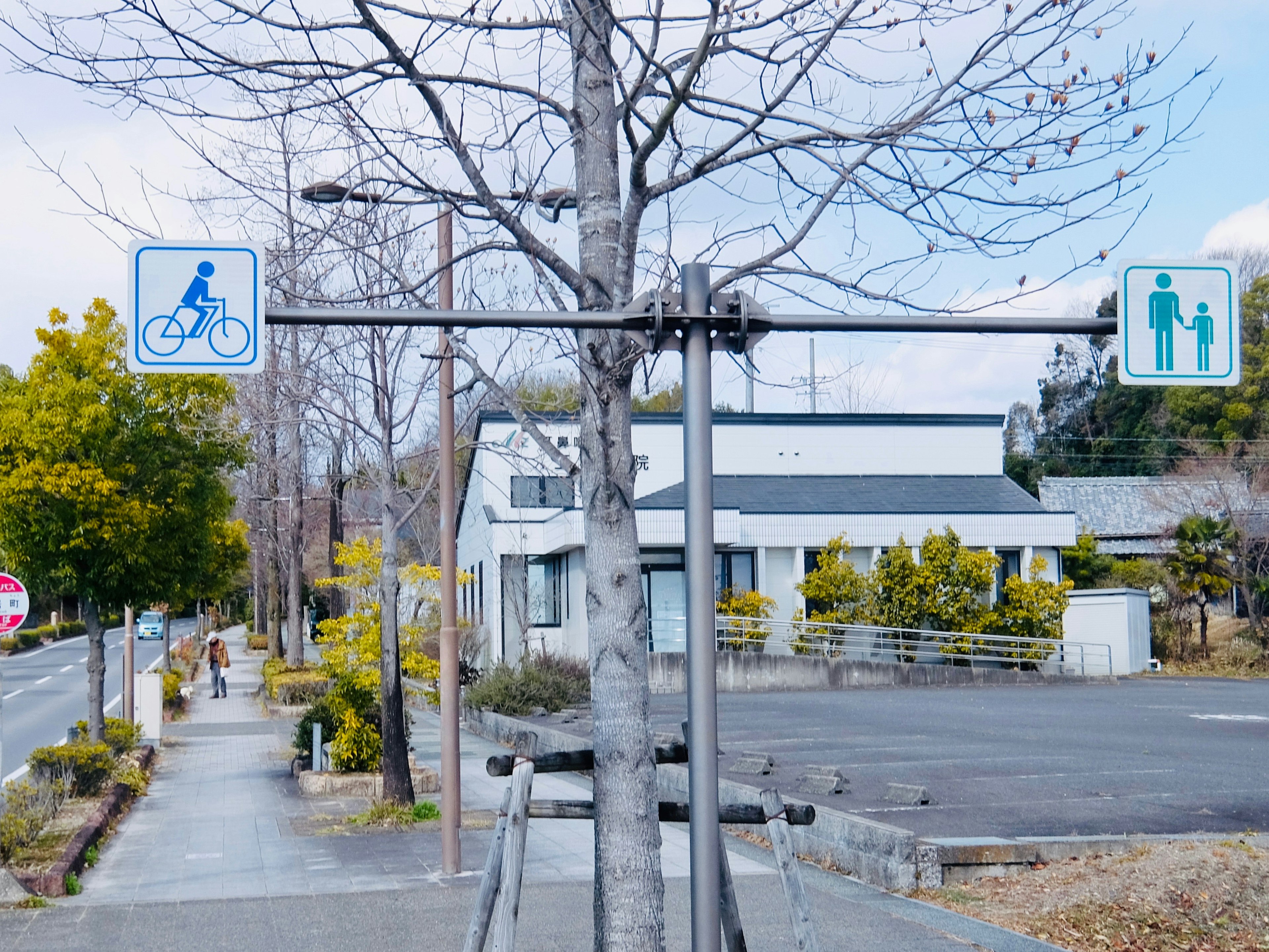 サイクリングと歩行者のための標識が立っている街の風景