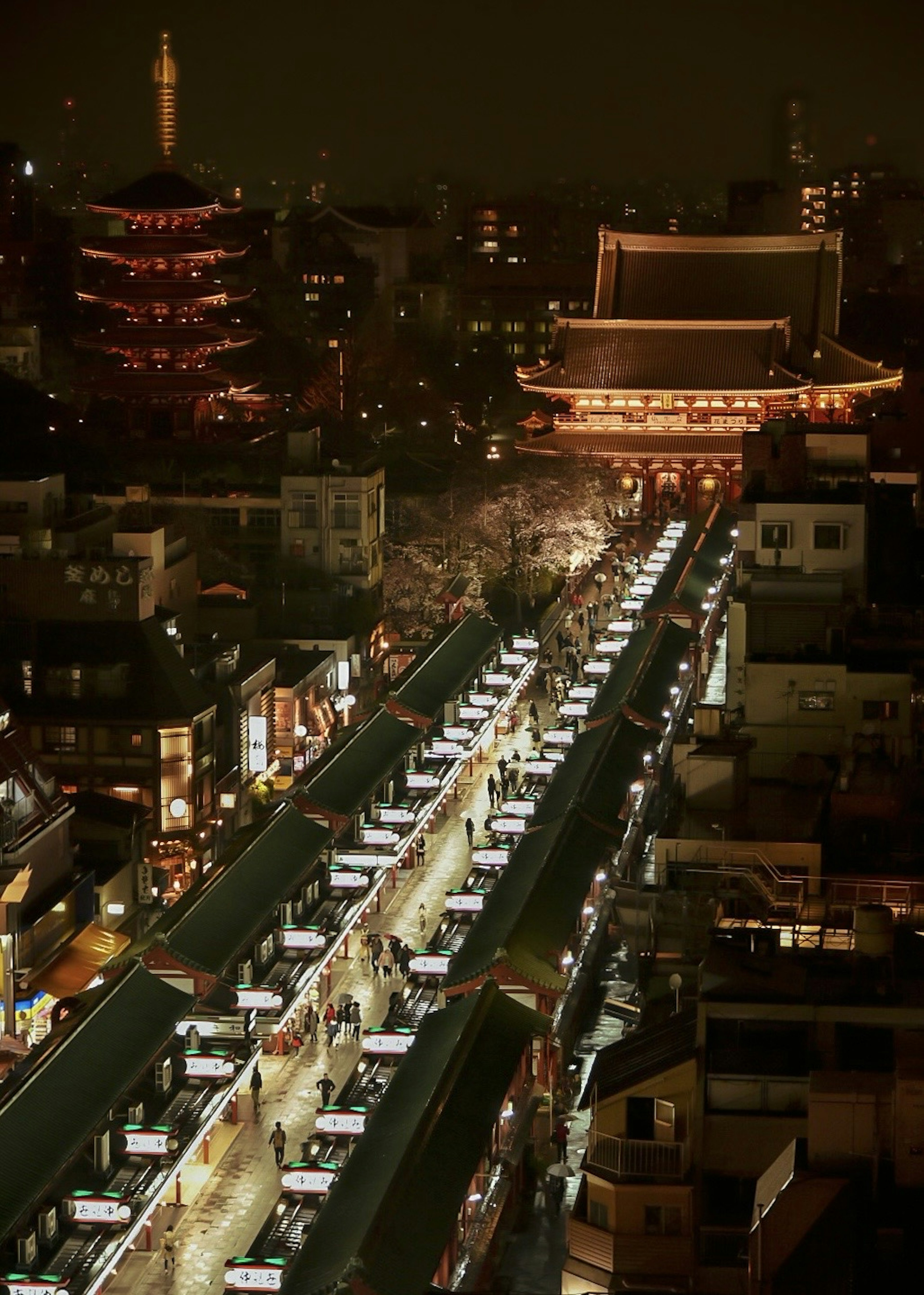 Night view of Nakamise Street in Tokyo illuminated with lights