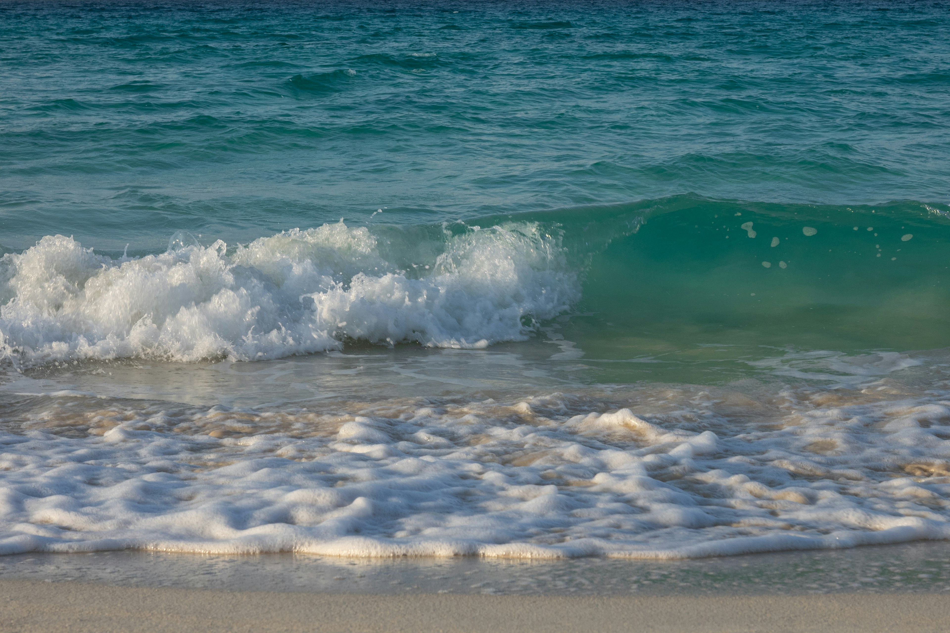 青い海と白い波が穏やかに打ち寄せるビーチの風景