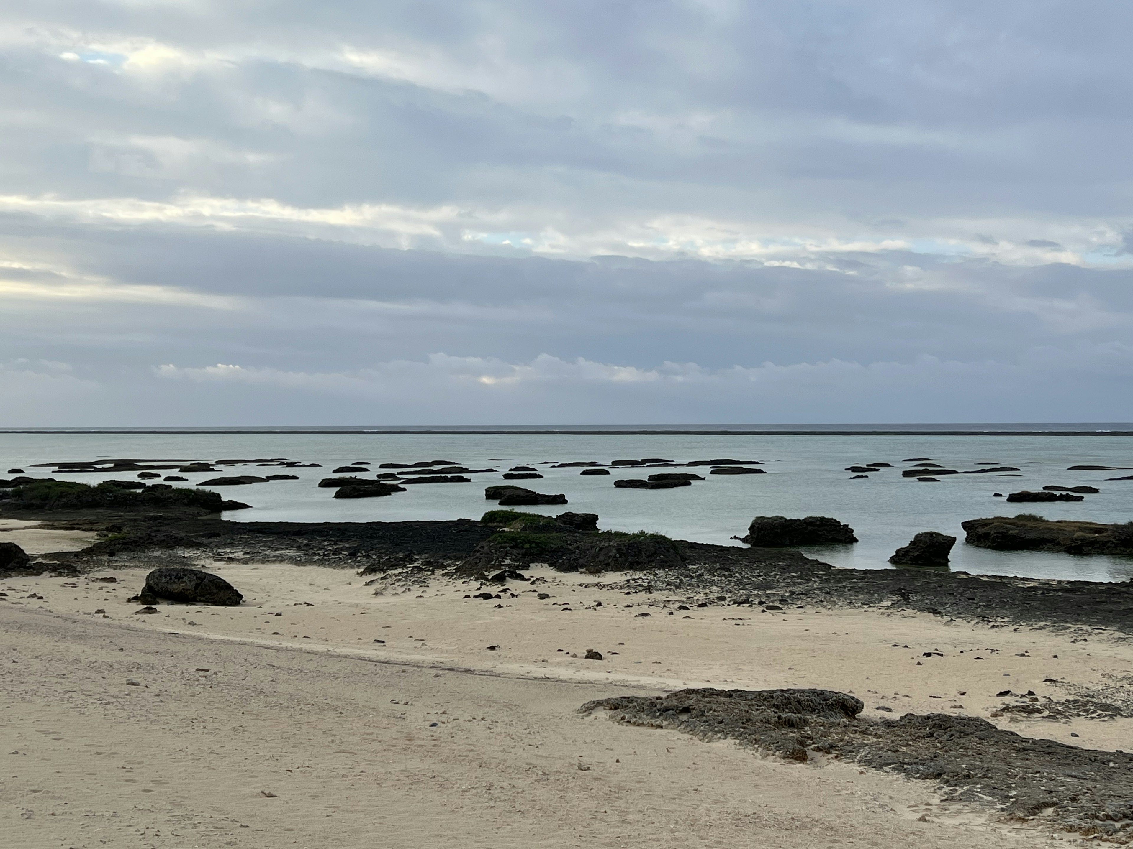 沙灘和岩石的海岸風景 在多雲的天空下