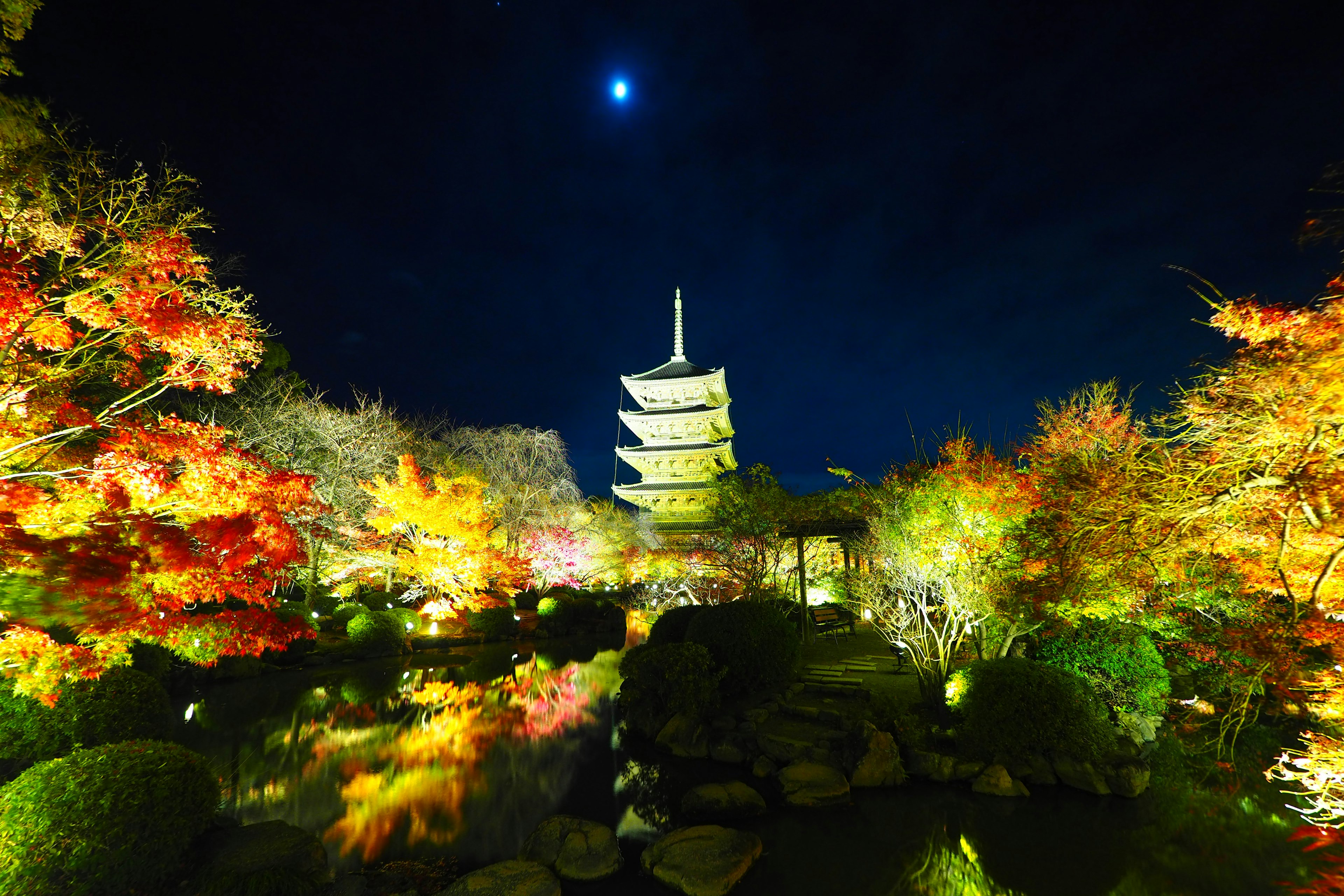 Night scene featuring a pagoda surrounded by vibrant autumn foliage and a clear sky